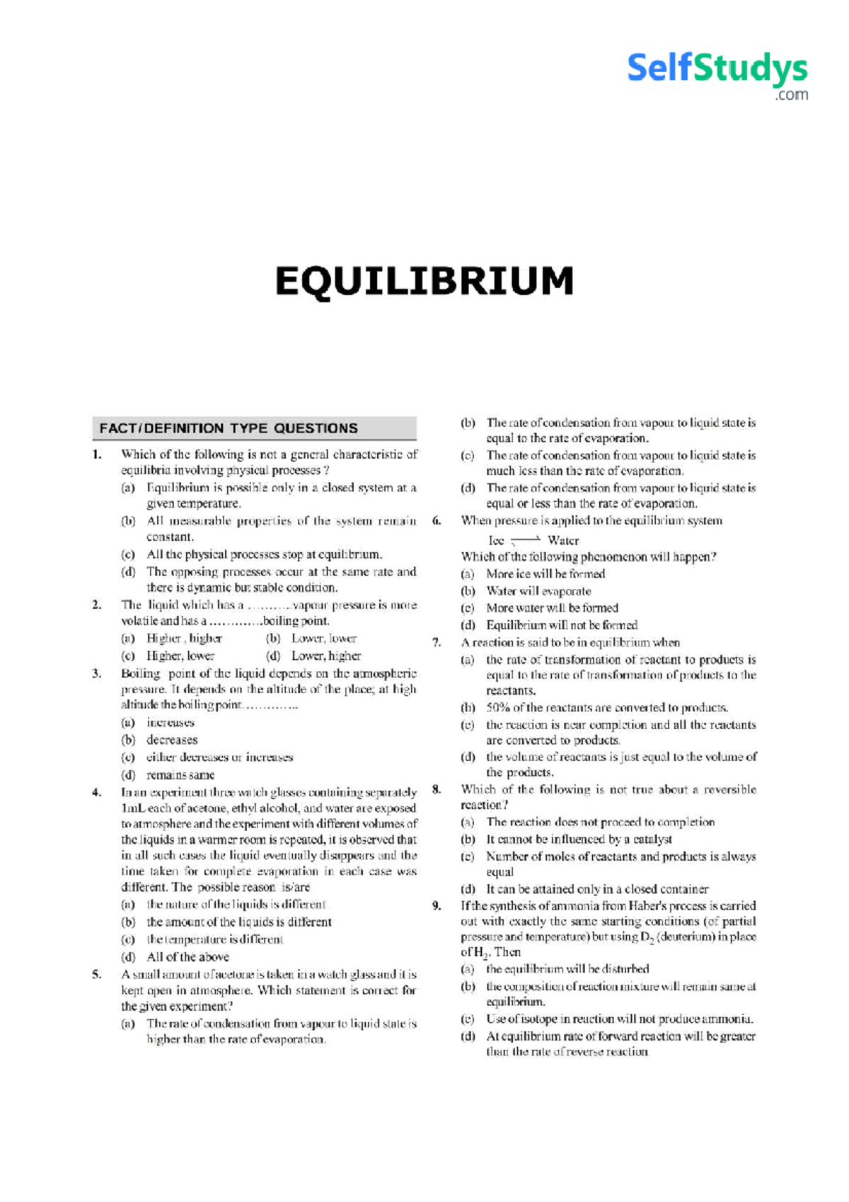 NEET Equilibrium Important Questions and Answers - Studocu