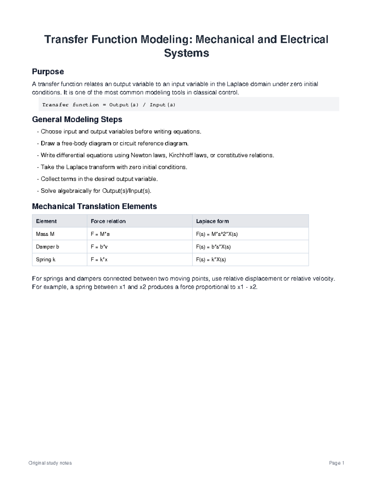 Transfer Function Modeling Notes: Mechanical & Electrical Systems - Studocu