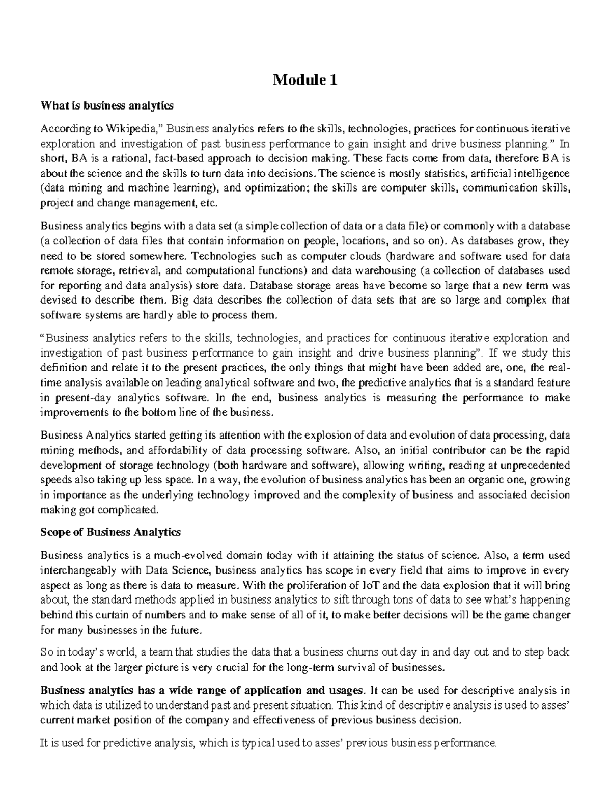 Business Analytics Overview and Insights - BUS101 Lecture Notes - Studocu