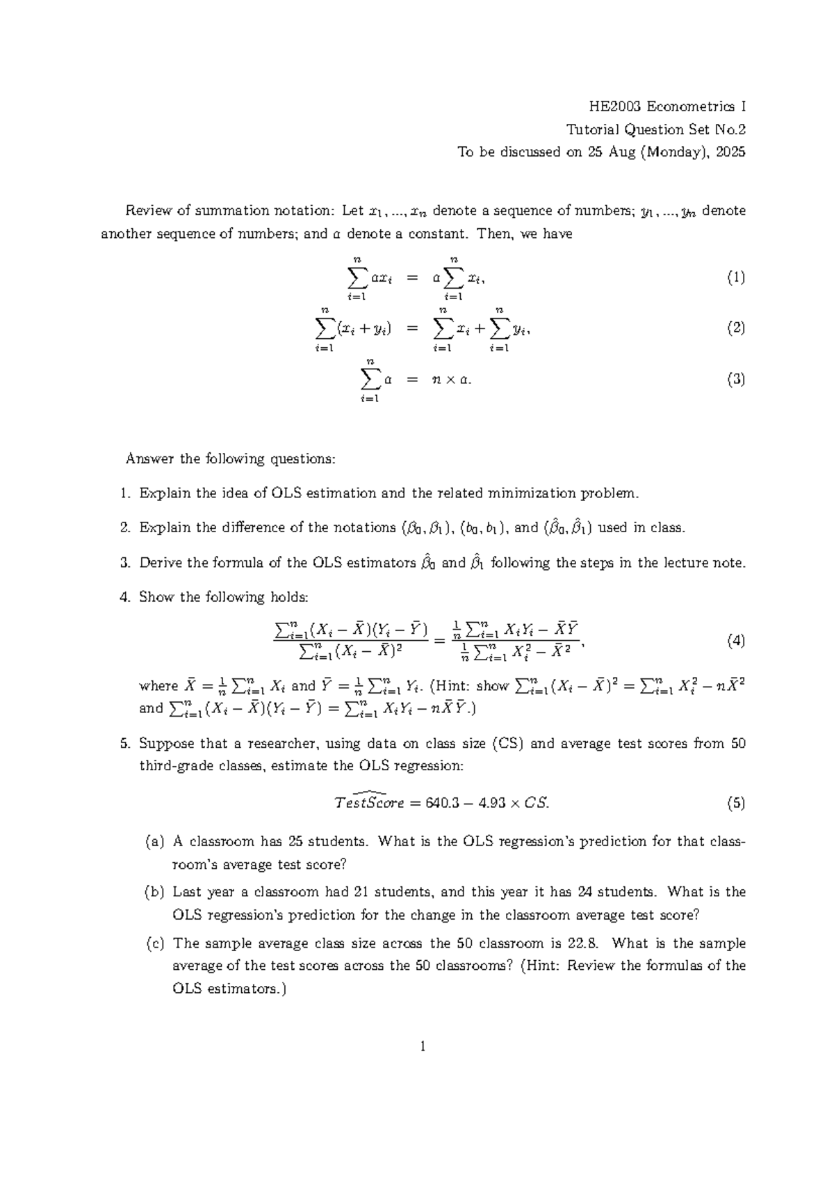 HE2003 Econometrics I Tutorial Q&A Set No.2 - OLS Estimation Insights ...
