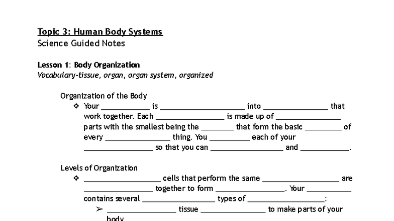 Human Body Systems Guided Notes for Science Class (Topic 3) - Studocu