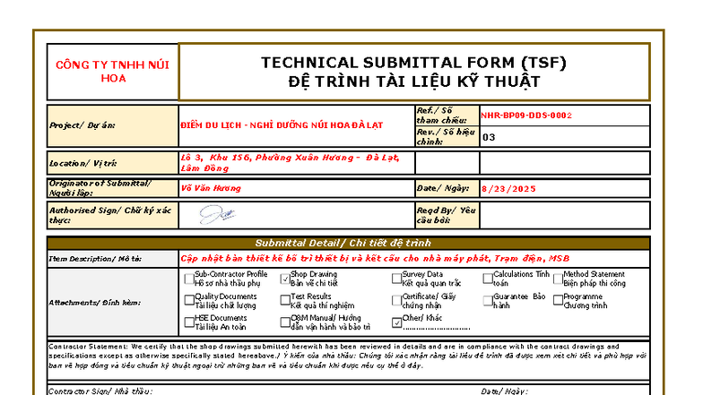 TECHNICAL SUBMITTAL FORM (TSF) - NHR-BP09-DDS-0002-03 for Đà Lạt ...