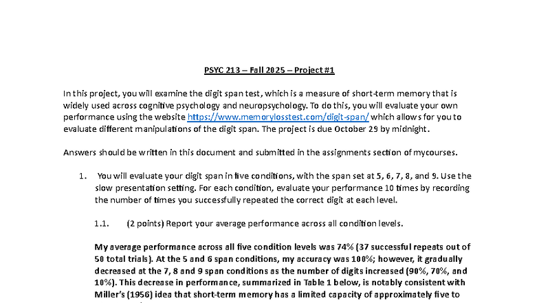 PSYC 213 Fall 2025 Digit Span Test Project Analysis - Studocu