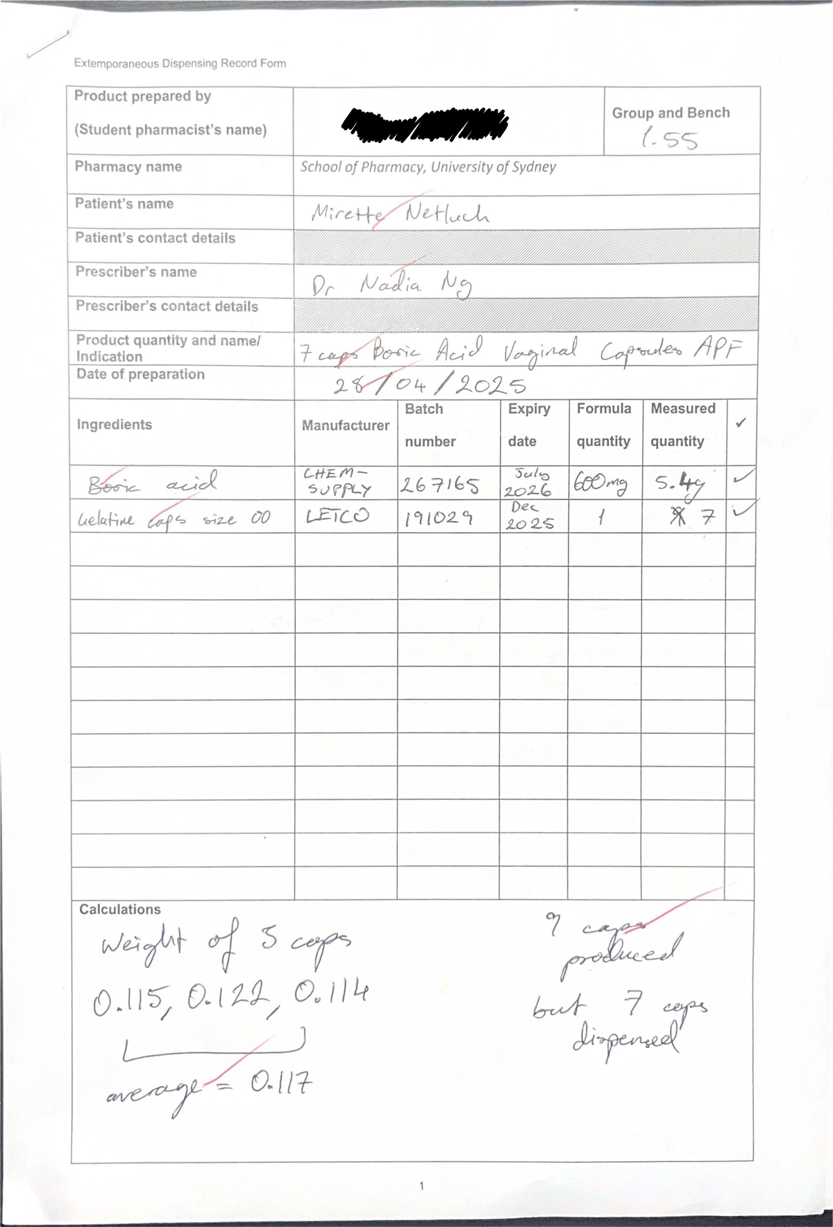 Boric Acid Vaginal Capsules APF: Extemporaneous Dispensing Record Form ...