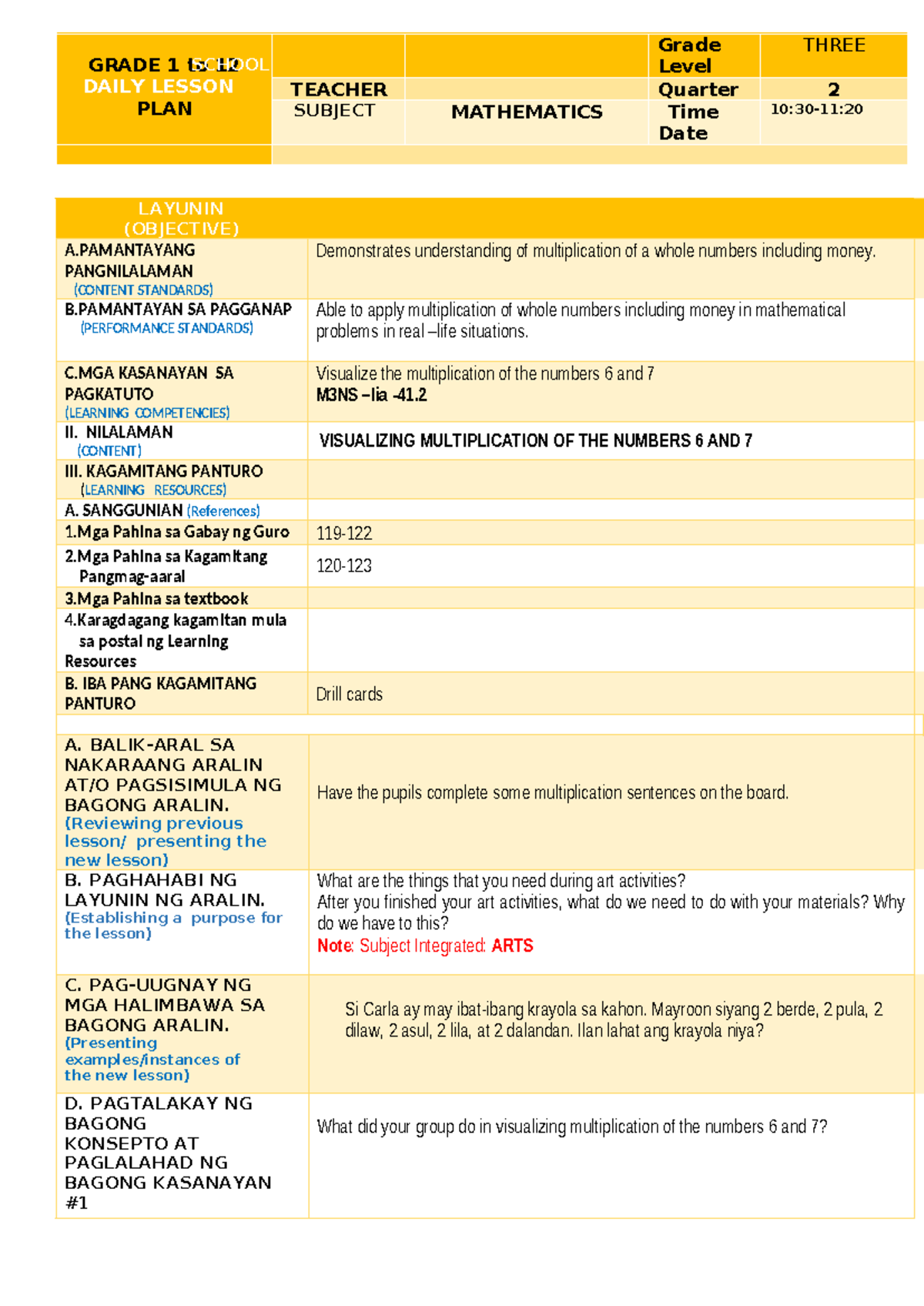 COT MATH 3 - Grade 1-12 Daily Lesson Plan on Multiplication - Studocu