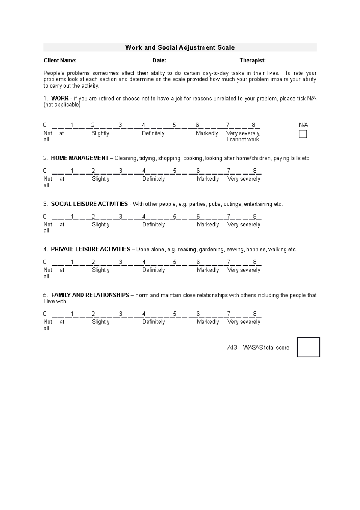 Work and Social Adjustment Scale (WSAS) Assessment Tool - Studocu
