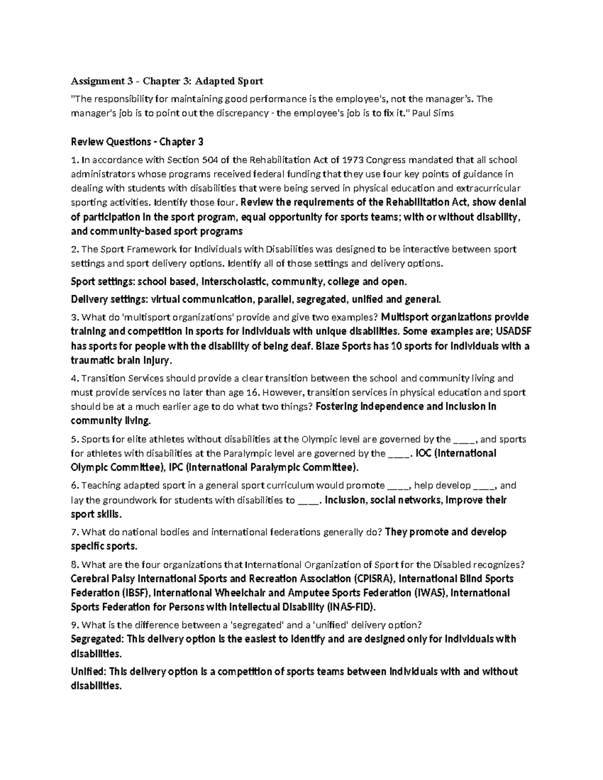Assignment 3 - Ch 3: Special Populations in Adapted Sport - Studocu