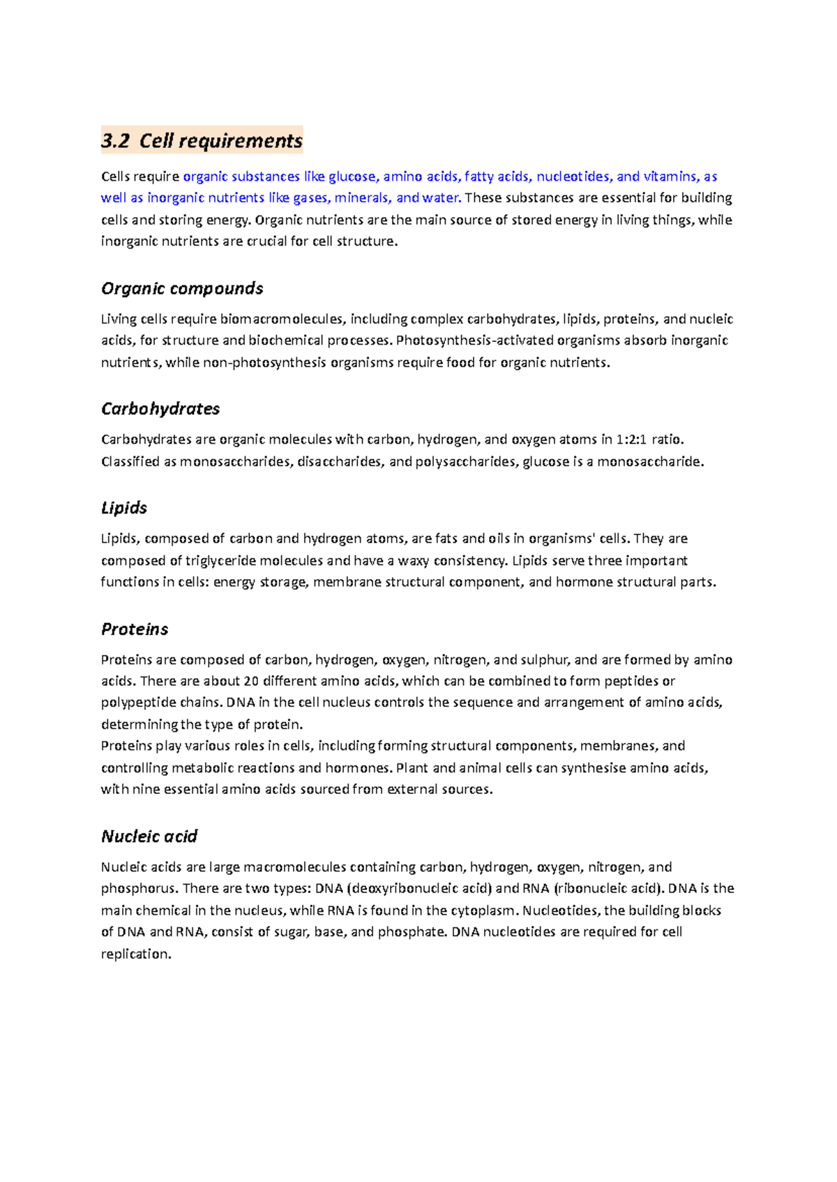 3.2 Cell Requirements: Organic & Inorganic Nutrients Overview - Studocu