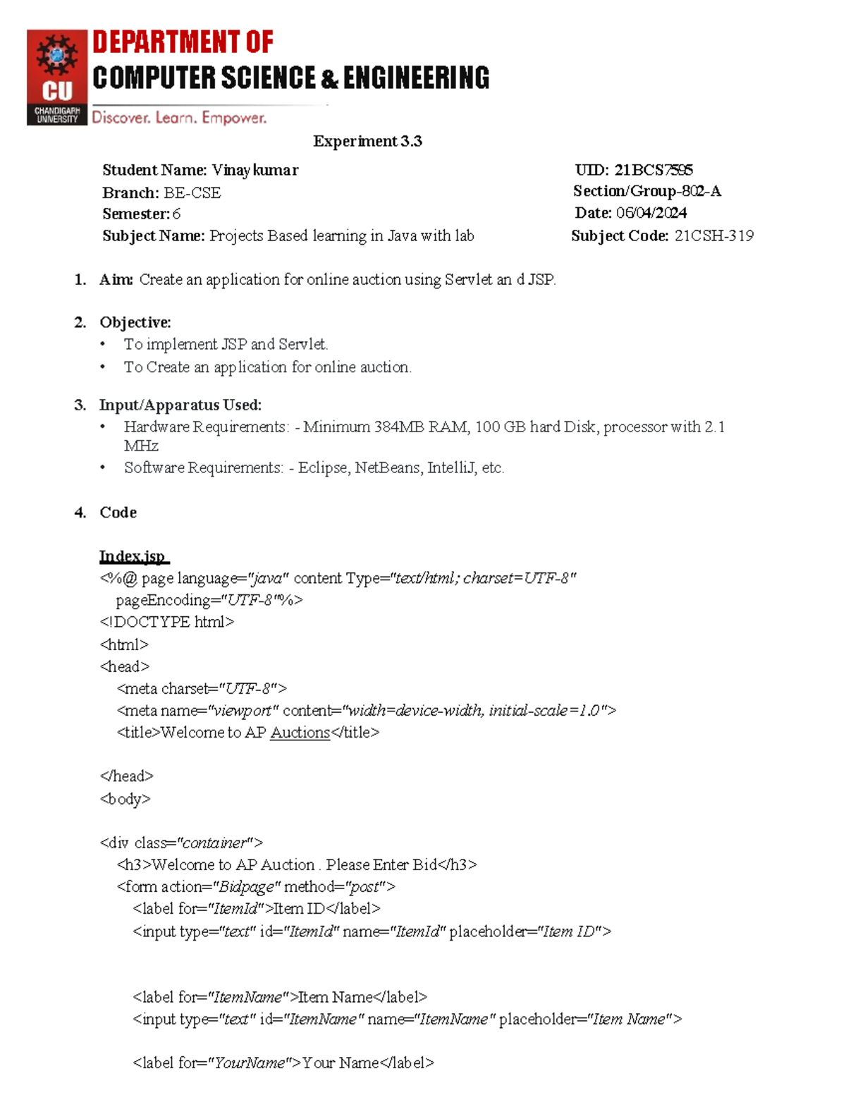 Vinay Java 10 - COMPUTER SCIENCE & ENGINEERING Experiment 3. Branch: BE ...