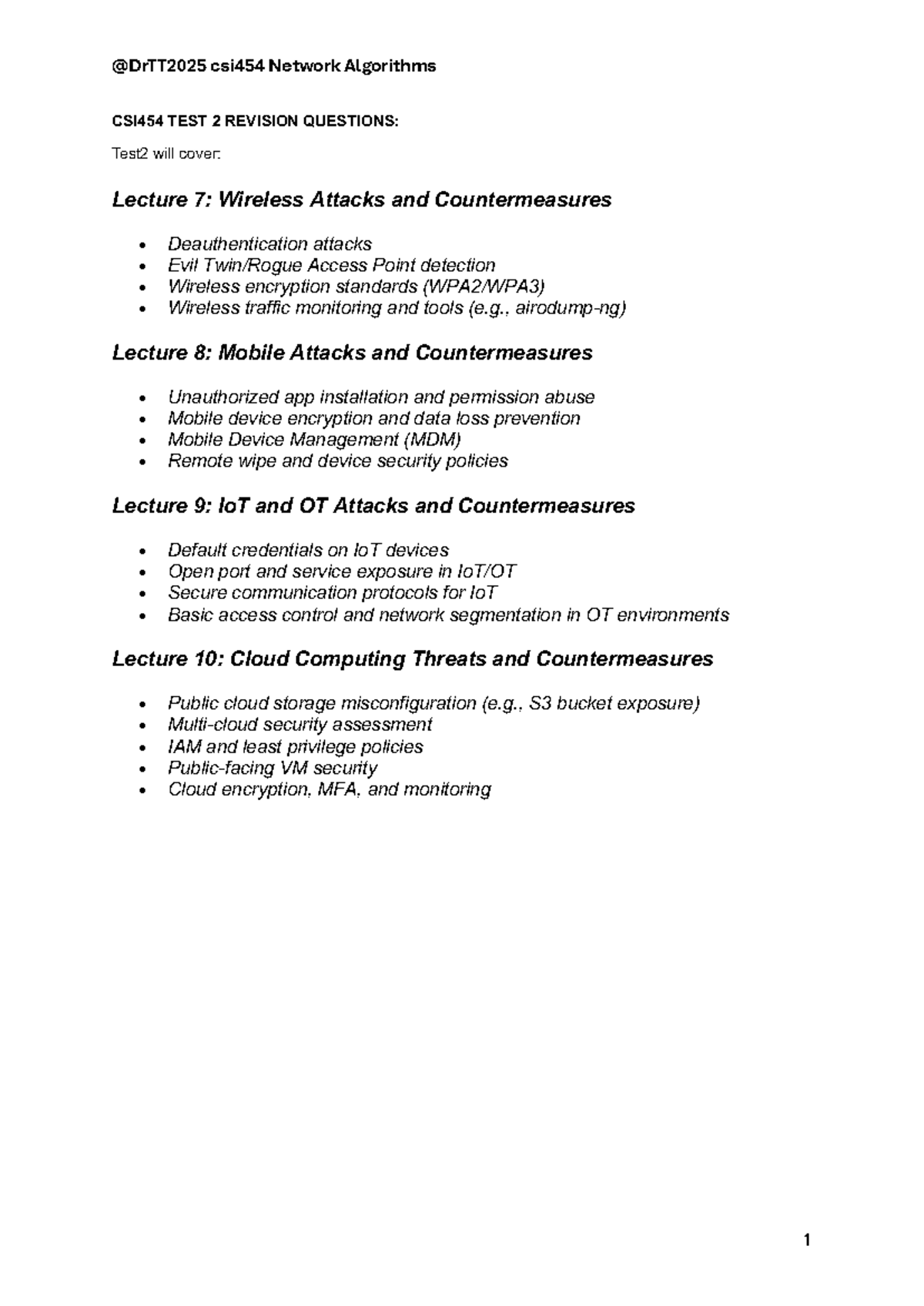CSI454 Network Algorithms Test 2 Revision: Key Topics & Sample ...