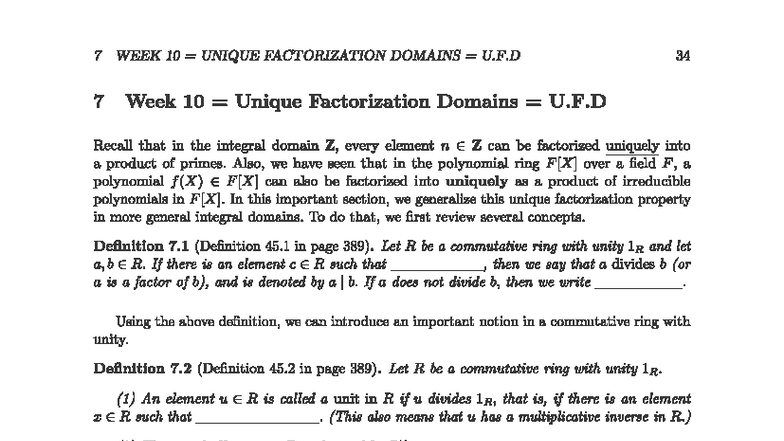 7 WEEK 10 UNIQUE FACTORIZATION DOMAINS U.F.D Notes - Studocu
