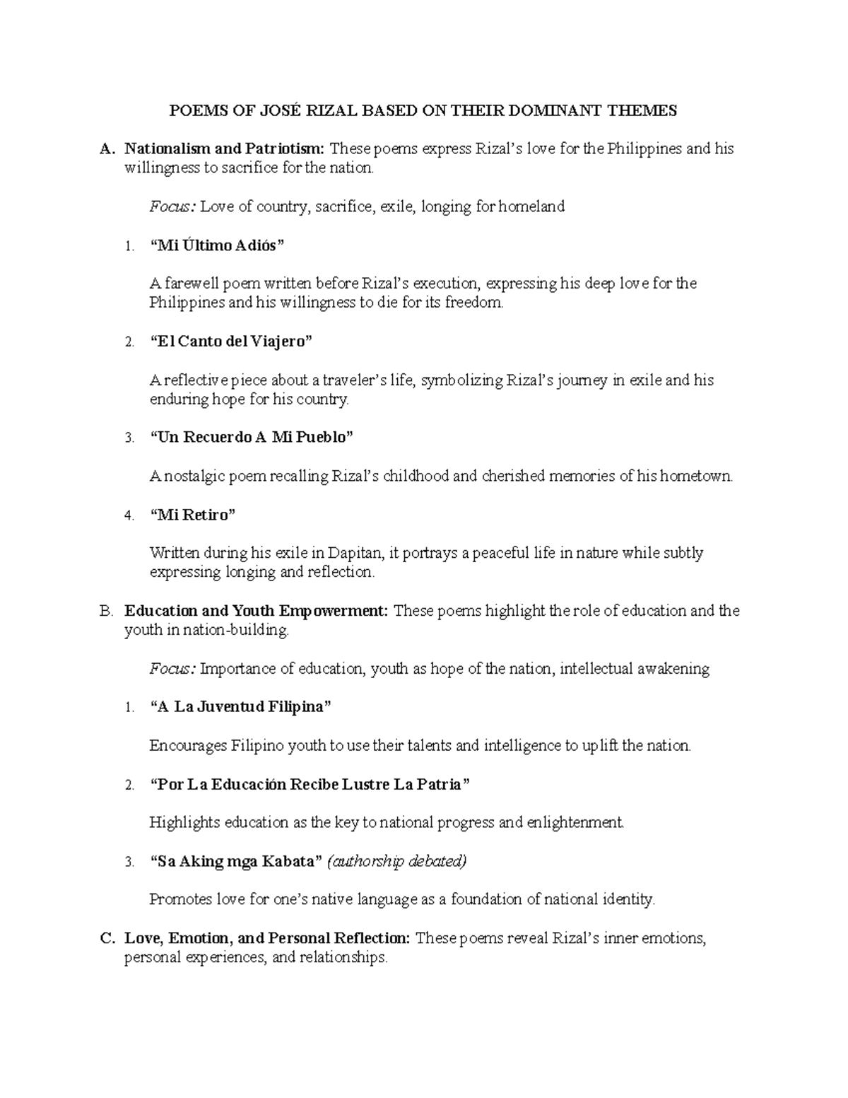 POEMS OF JOSÉ RIZAL: THEMES OF NATIONALISM & EDUCATION - Studocu