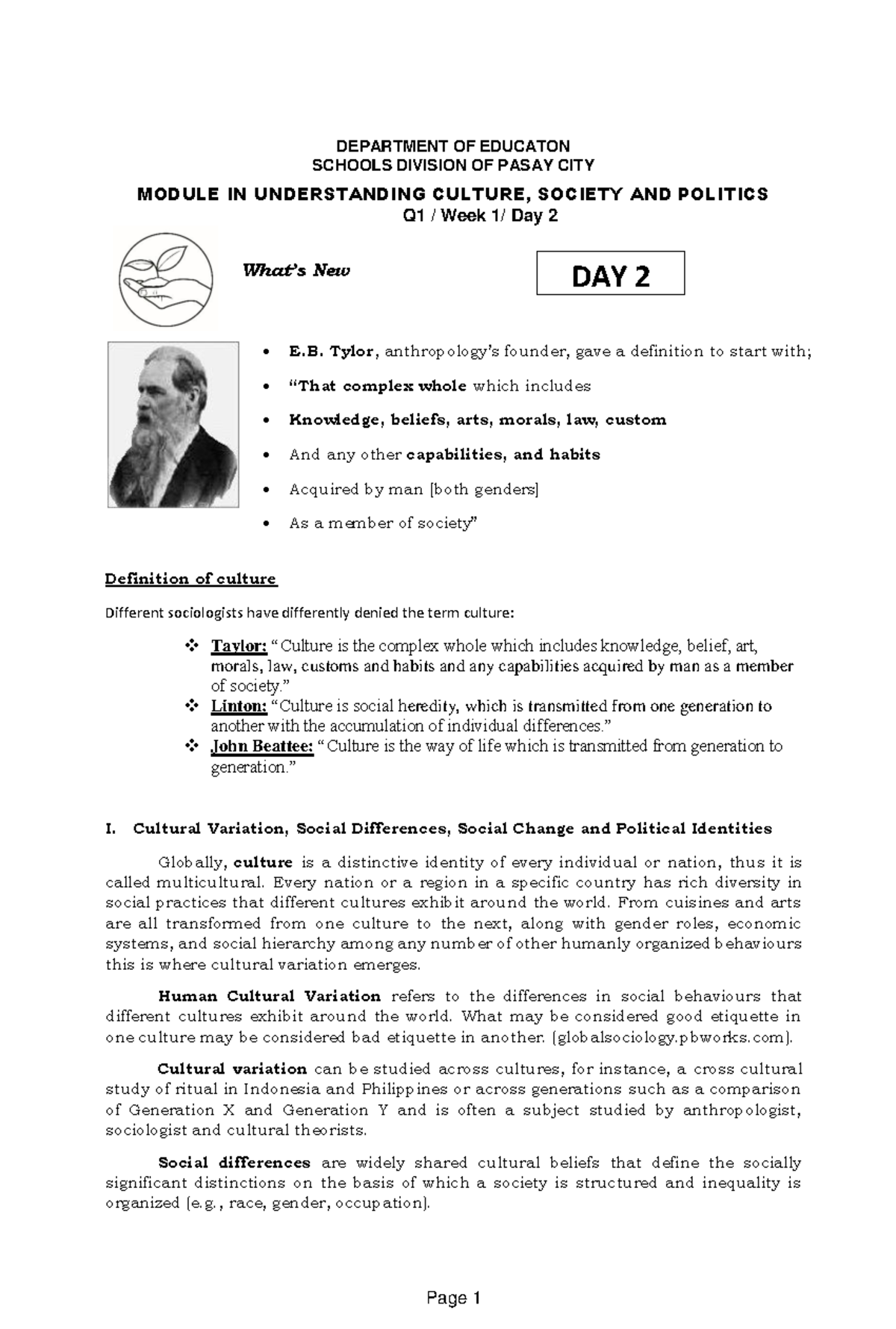 UCSP Q1 Week 1 Day 2 - Understanding Culture, Society & Politics - Studocu