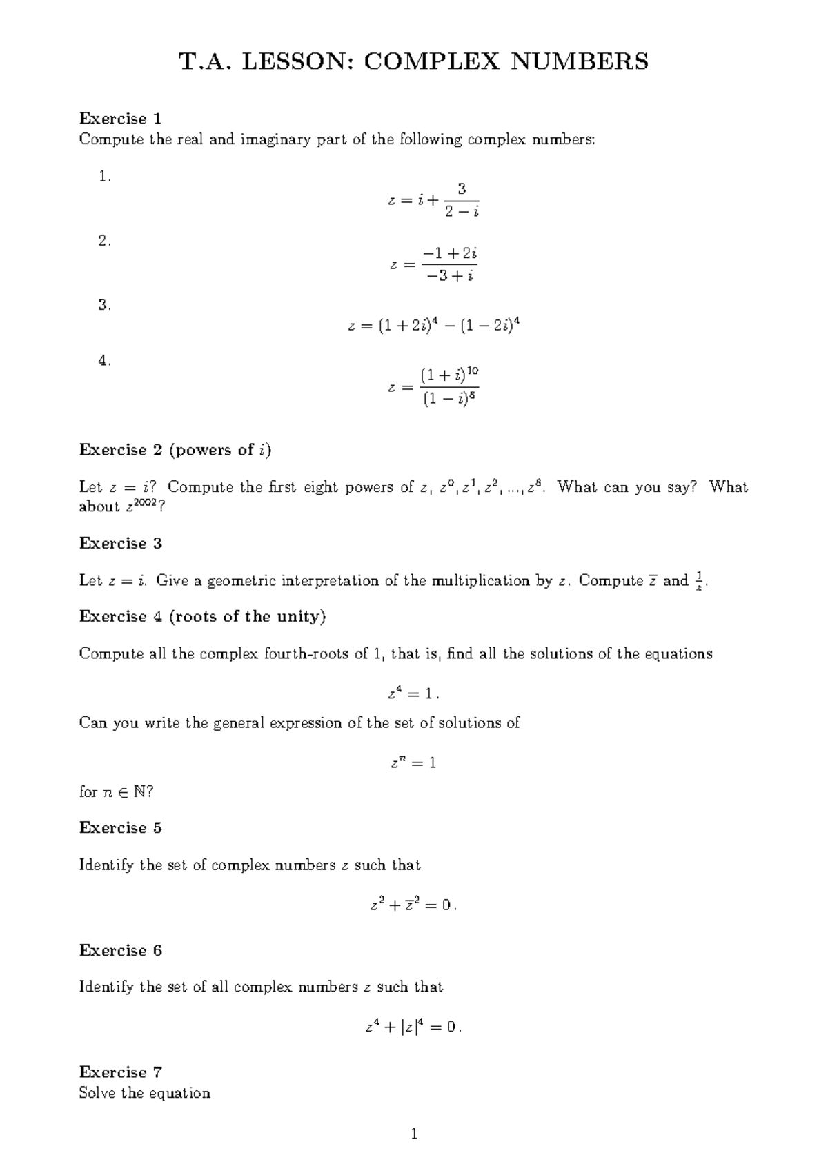Exercises on Complex Numbers 2024 Copy - T. LESSON: COMPLEX NUMBERS ...