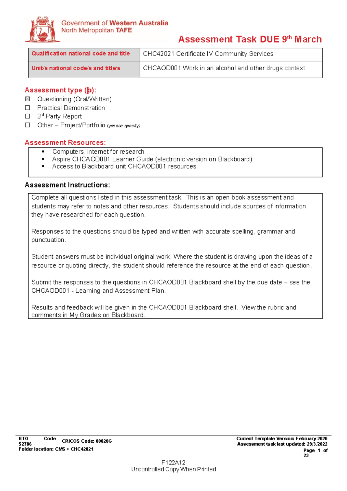 CHCAOD001 Assessment Task: Understanding AOD Context and Impacts - Studocu