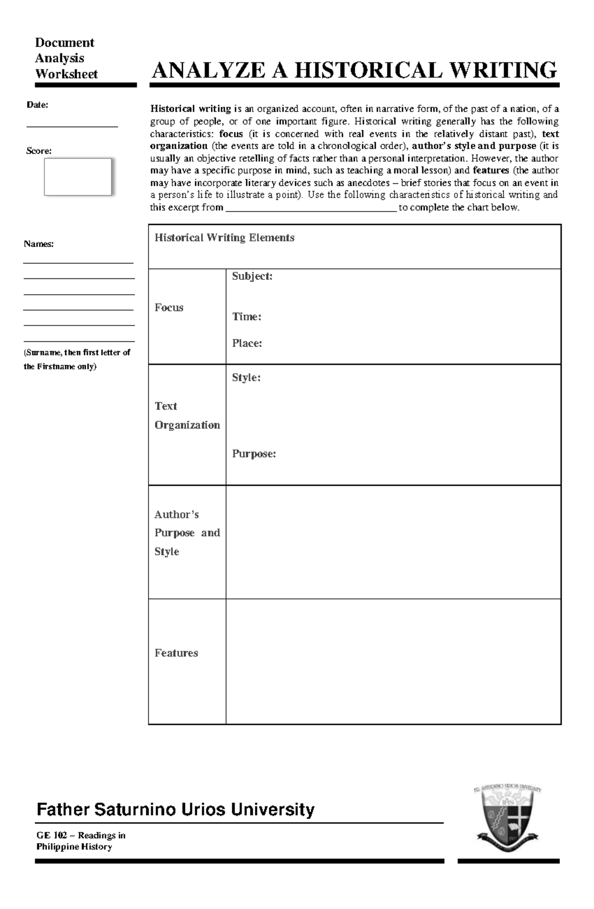 Document Analysis Worksheet Document Analysis Worksheet Historical