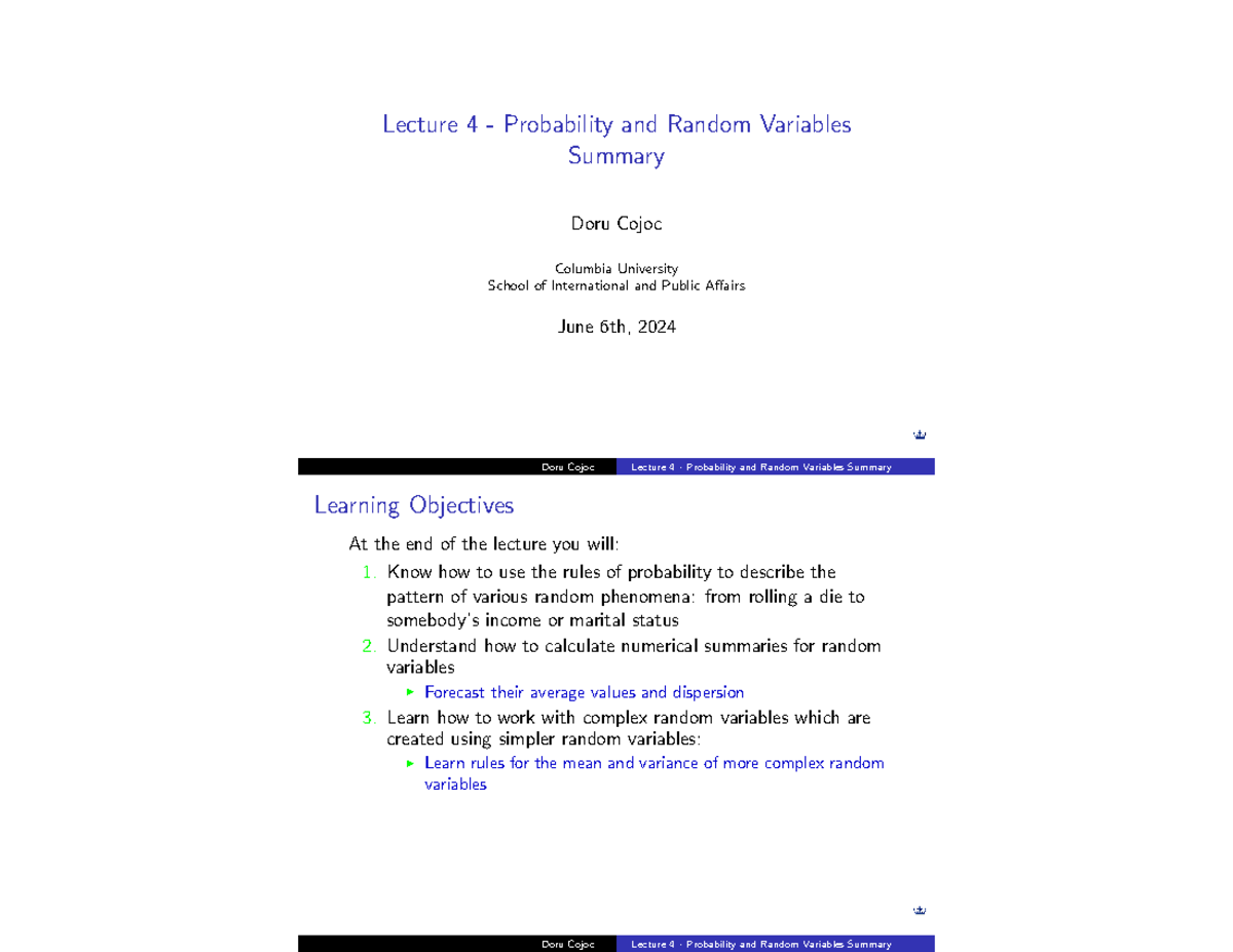 Lecture 4 Summary: Probability and Random Variables - Lecture 4 ...
