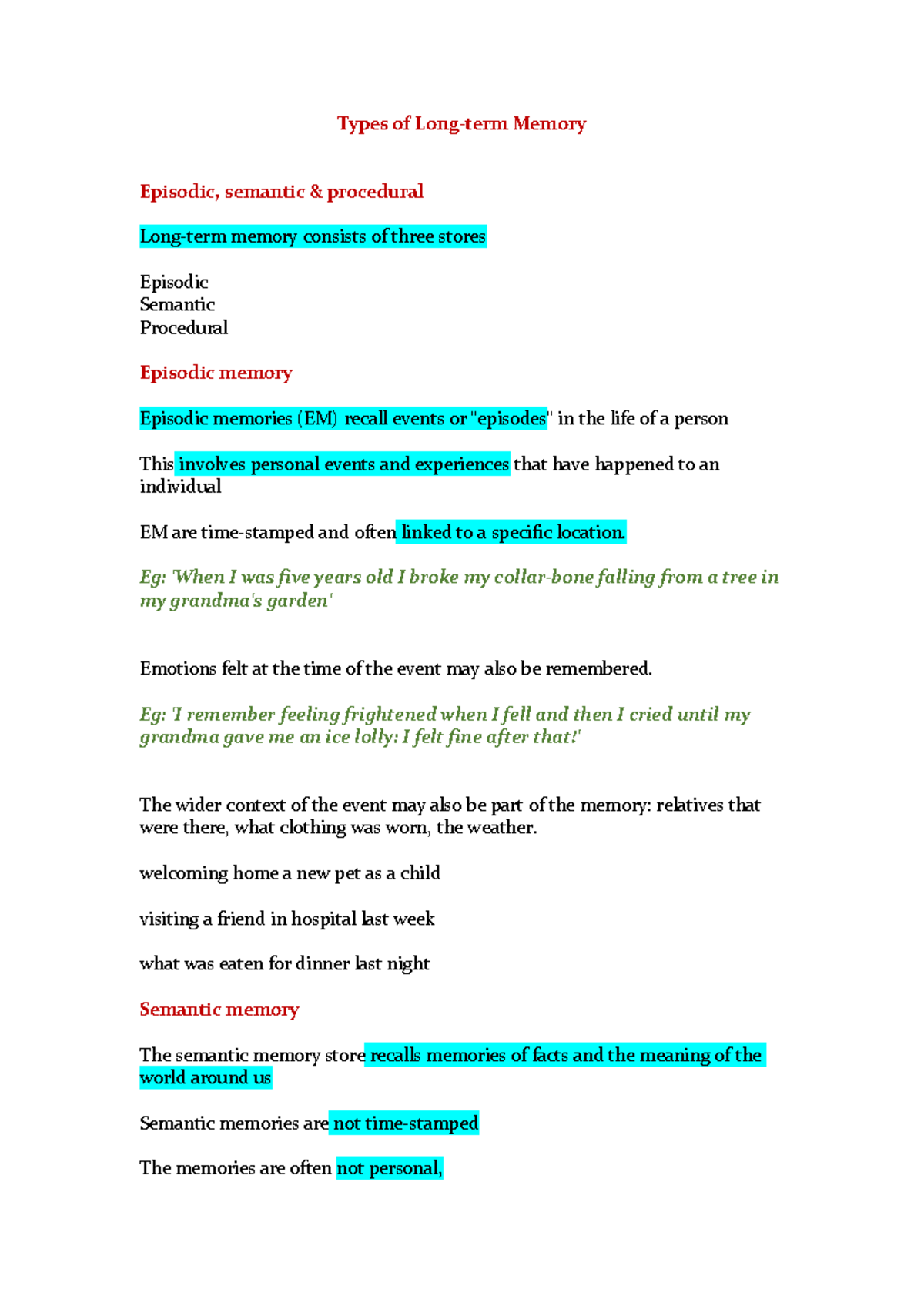 Chapt 2: Types of Long Term Memory - UNIT 2 AS ED Psych Notes - Studocu