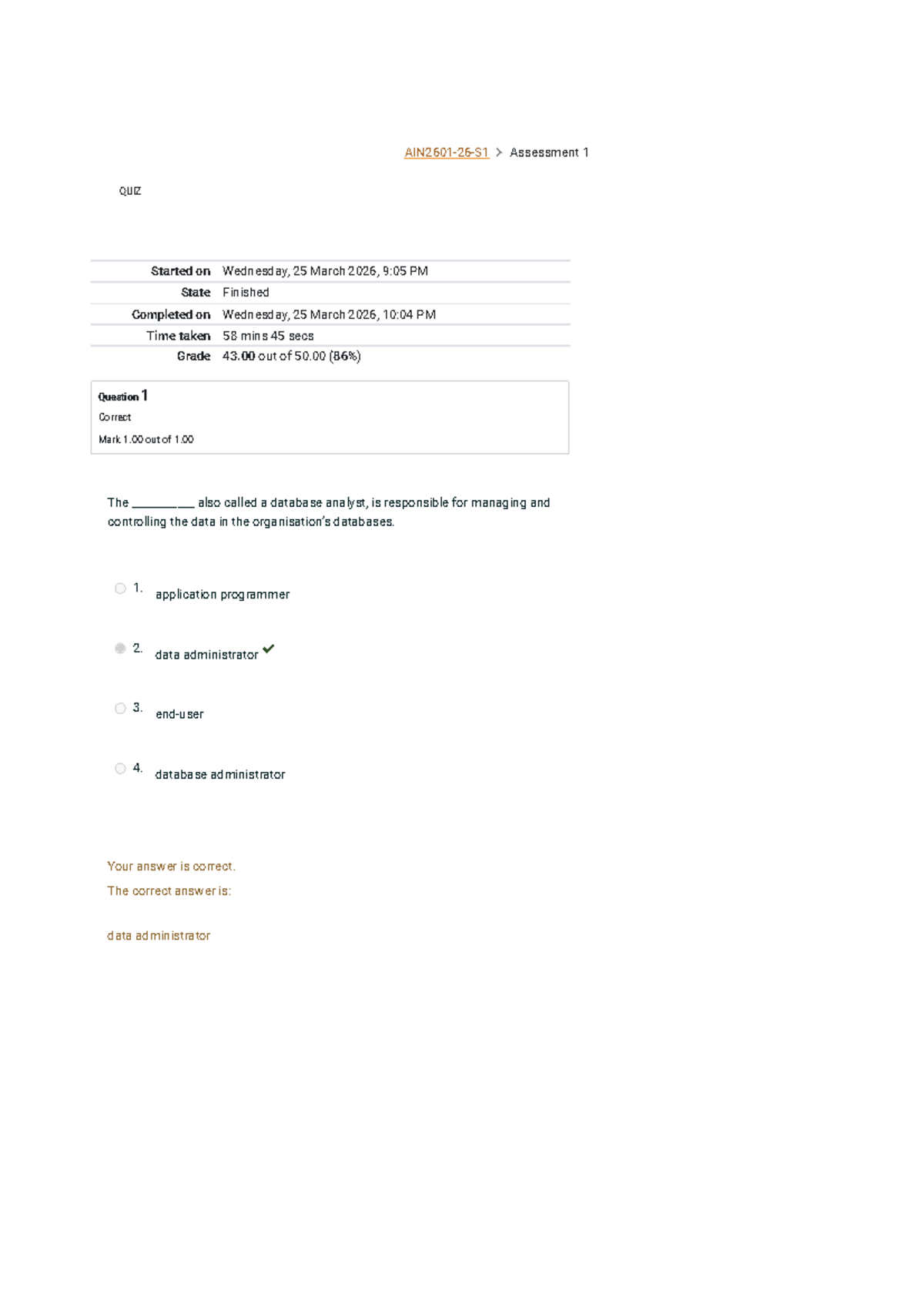AIN2601 S1 2026 Quiz Assessment 1 Review and Results - Studocu