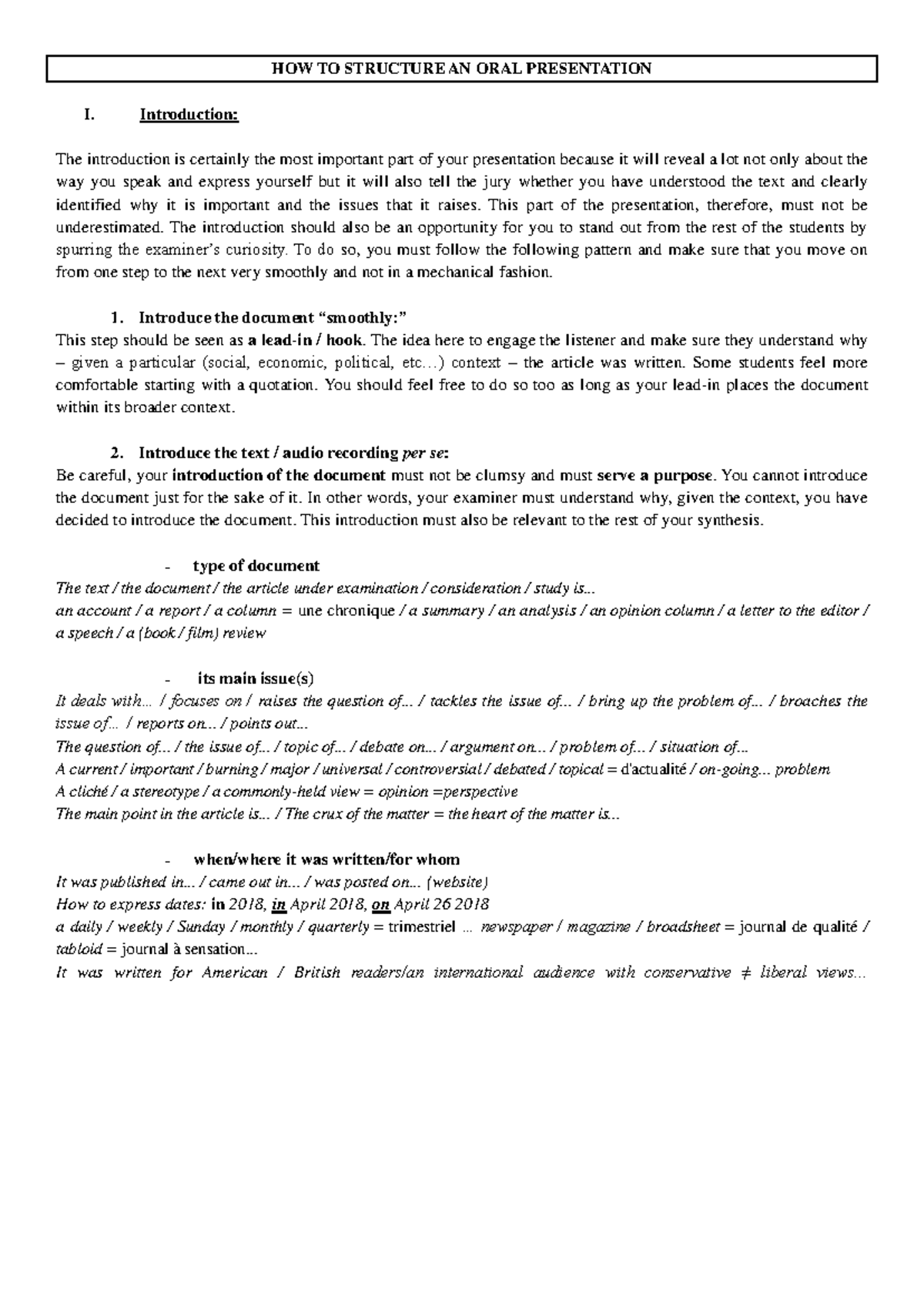 Prepa 1 Oral Presentation Structure and Synthesis Guidance - Studocu