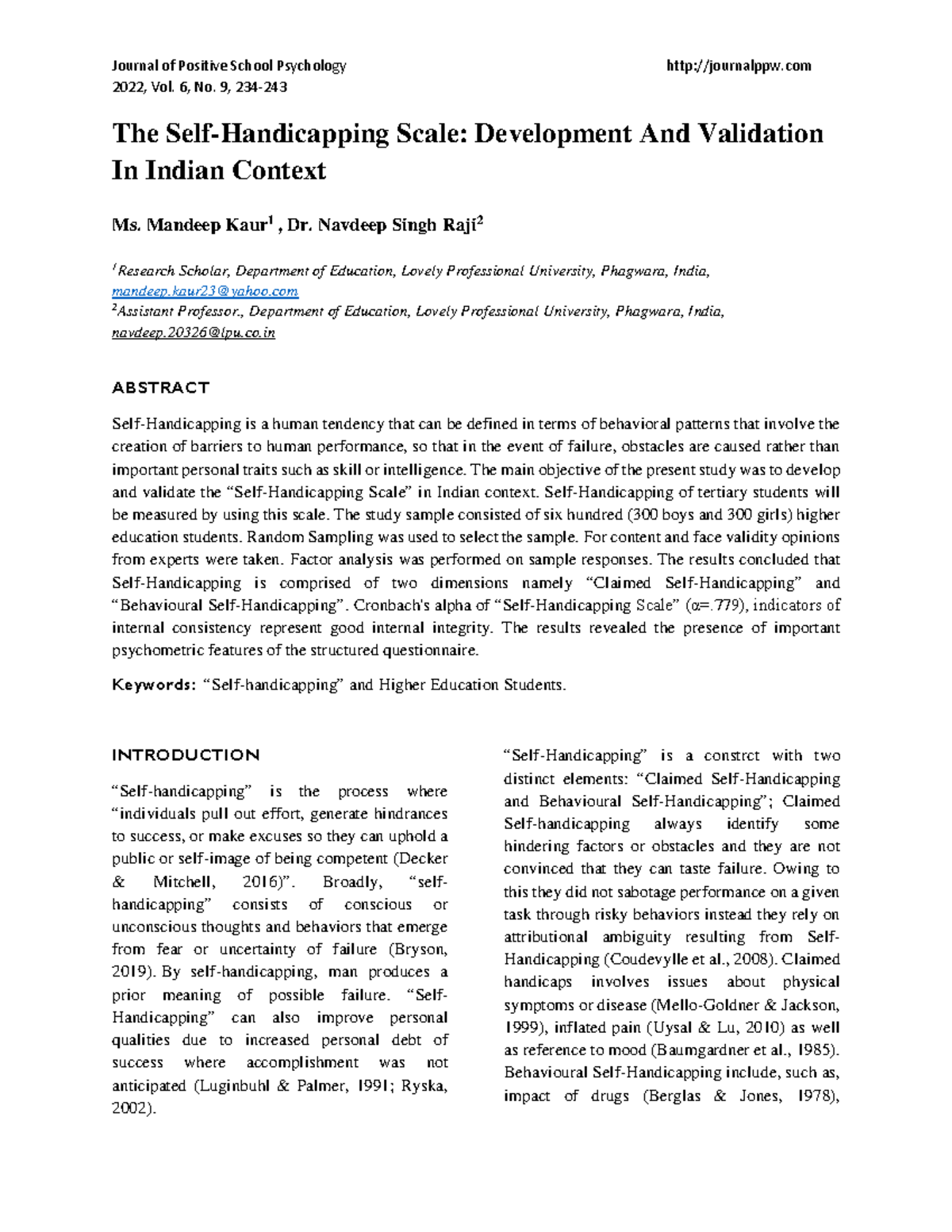Development and Validation of Self-Handicapping Scale in Indian Context ...