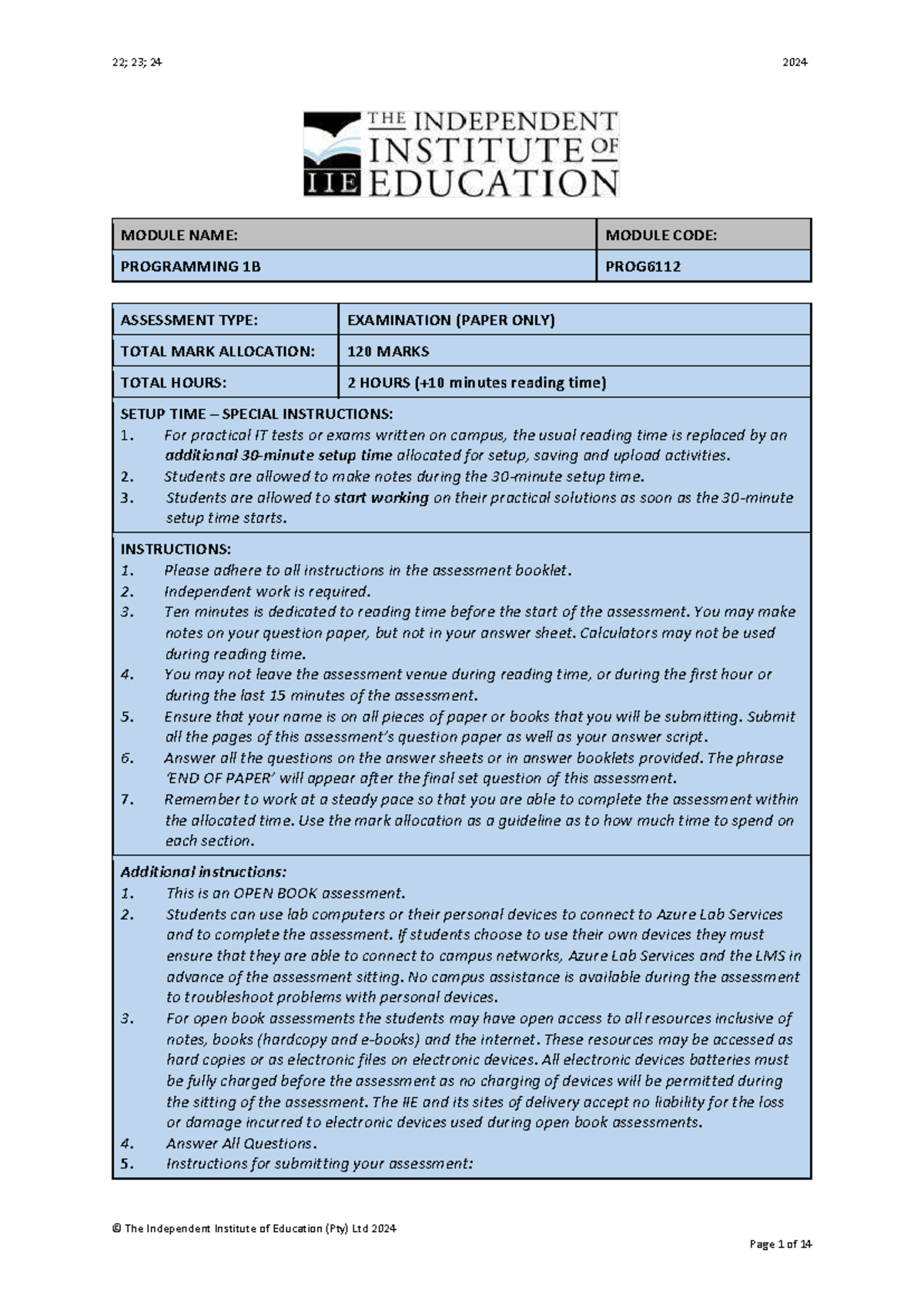 PROG6112 - Programming 1B Exam Guidelines and Assessment Details - Studocu