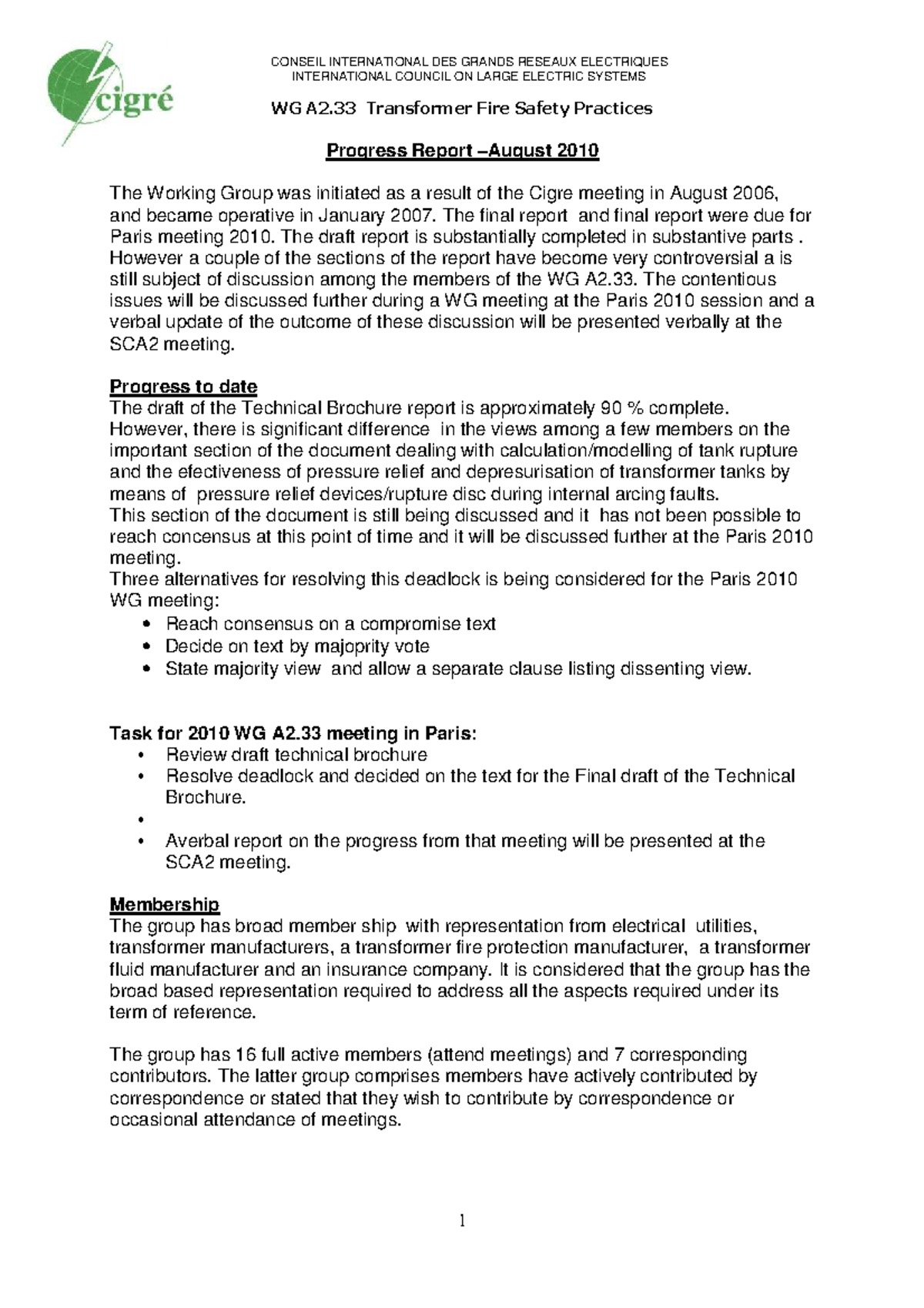 2010 WG A2.33 Progress Report on Technical Brochure Development - Studocu