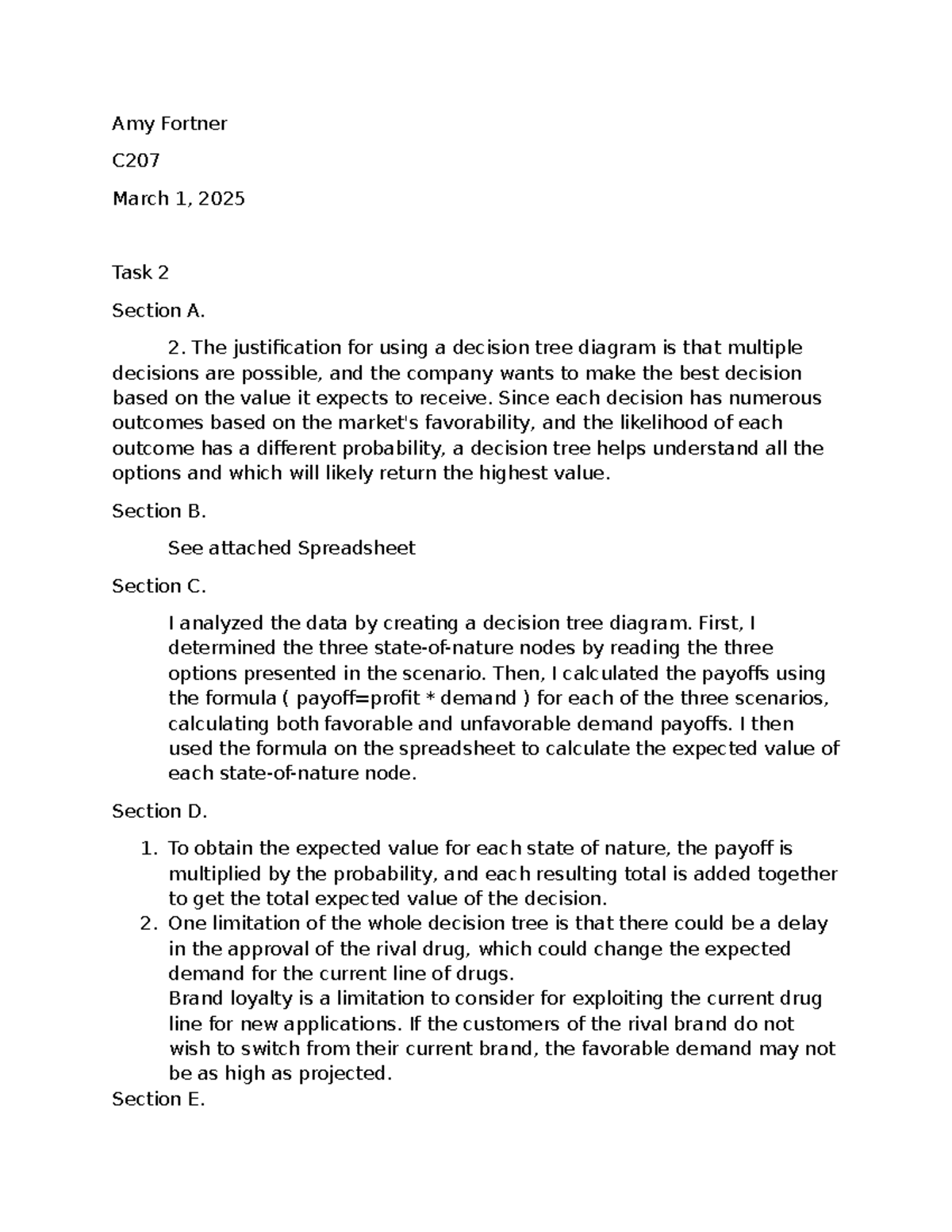C207 Task 2 Analysis: Decision Tree Diagram & Value Assessment - Studocu