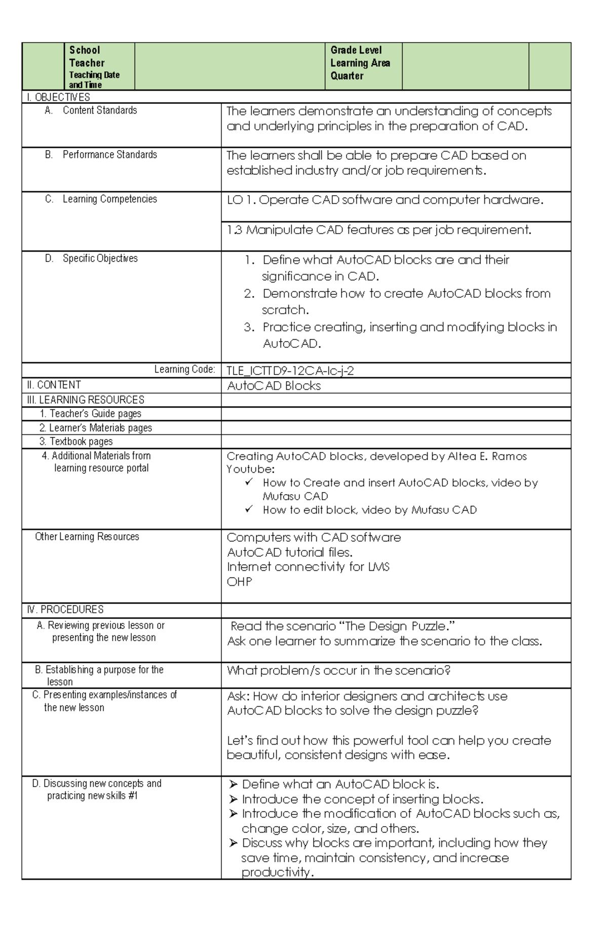 Sample DLL - I. OBJECTIVES School Grade Level Teacher Learning Area ...