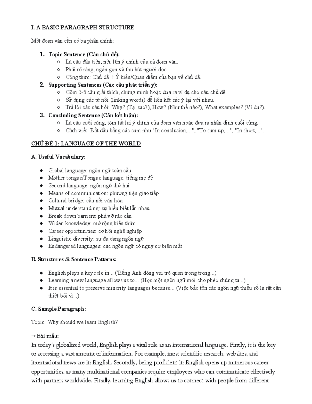 [TA 9] Writing 4 - Basic Paragraph Structure and Examples - Studocu