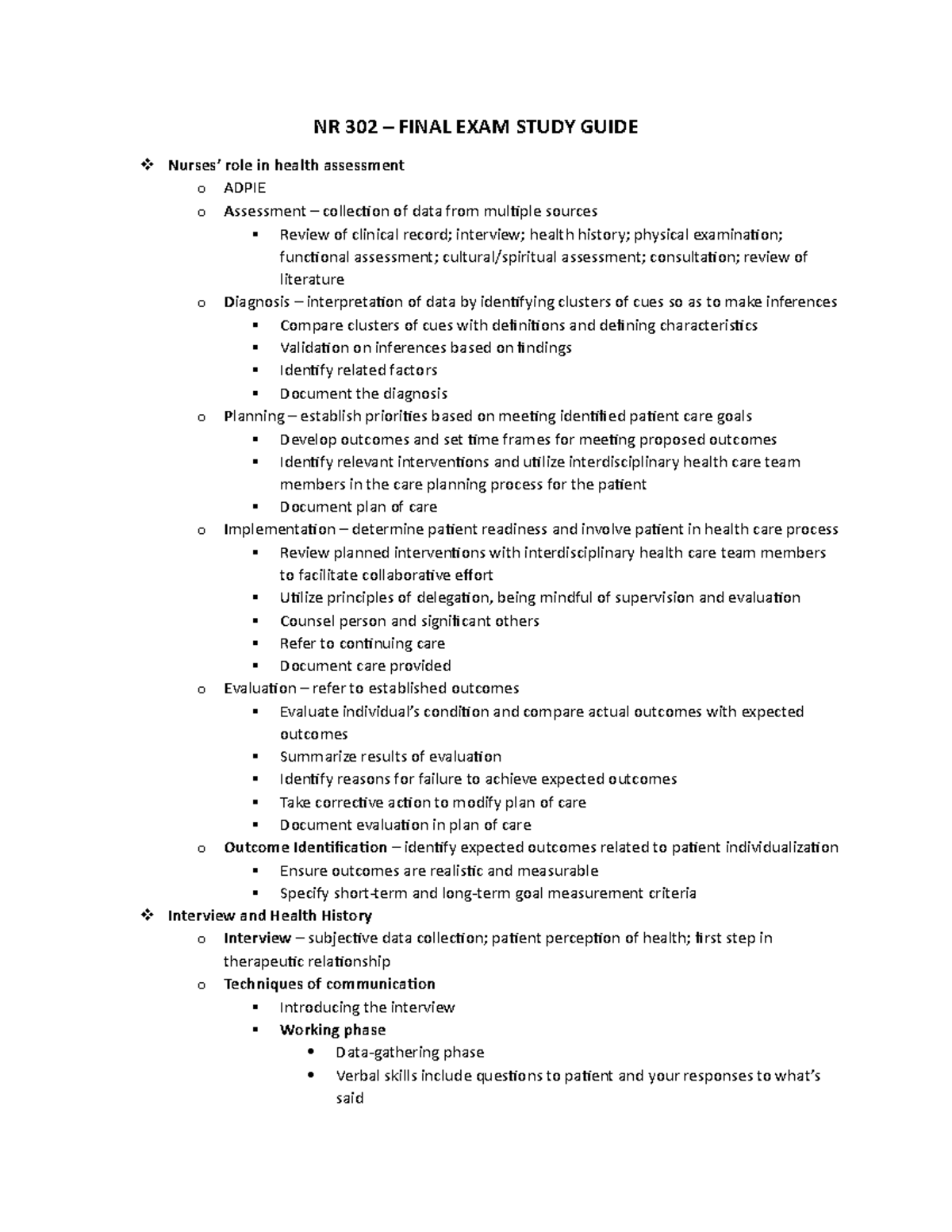 NR 302 Final Exam Study Guide: Key Concepts in Nursing Assessment - Studocu