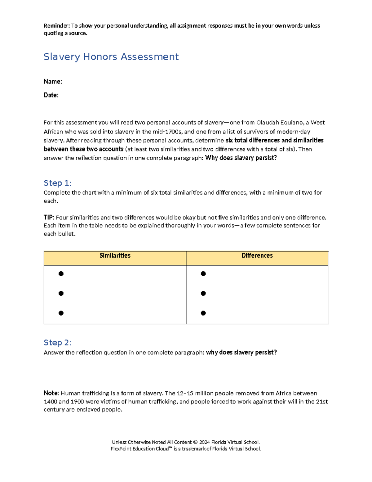 Slavery Honors Assessment: Analyzing Personal Accounts and Reflection ...