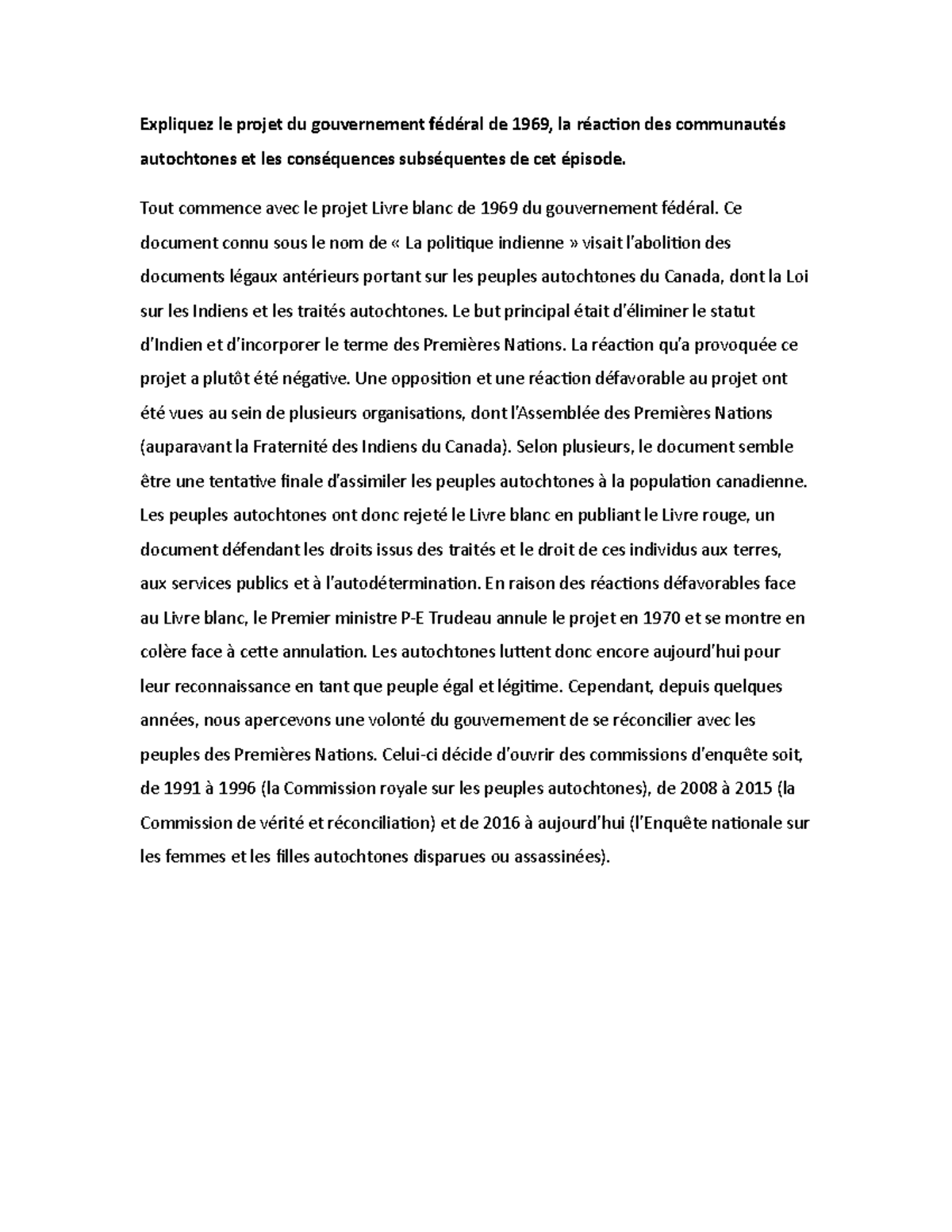 Analyse du Livre blanc de 1969 et des Réactions Autochtones - Studocu