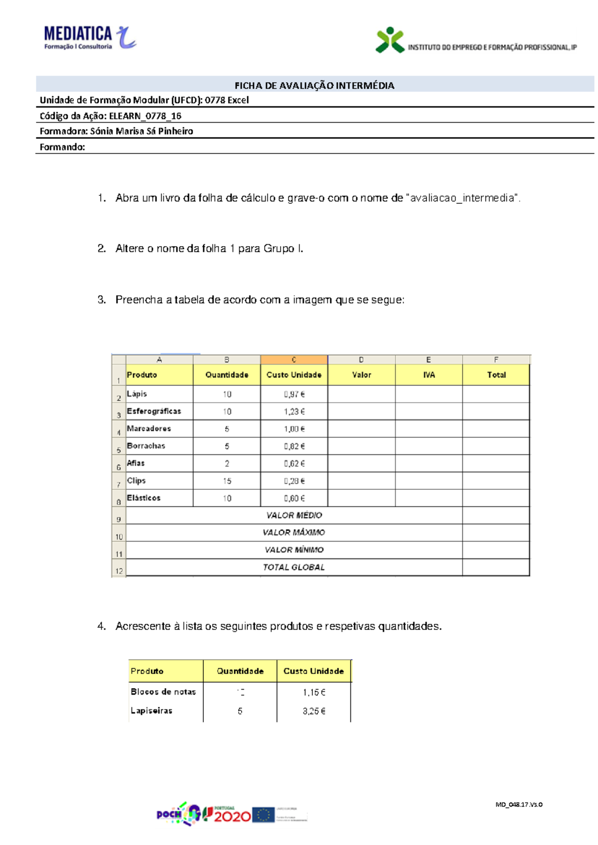 Avaliacao Intermedia UFCD 0778 - Planilha de Excel e Cálculos - Document Preview