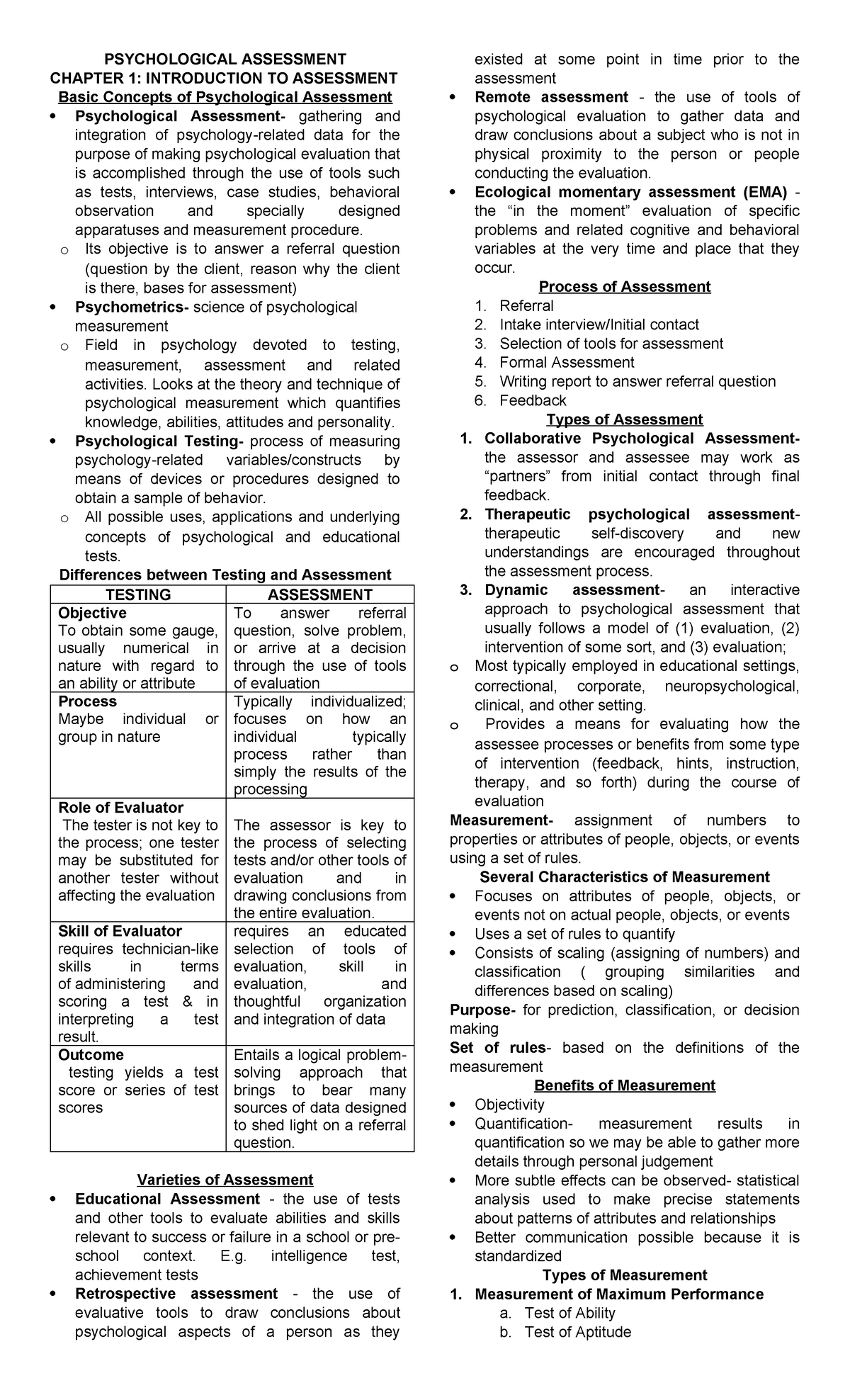 PSYCHOLOGICAL ASSESSMENT: CHAPTER 1 OUTLINE AND KEY CONCEPTS - Studocu