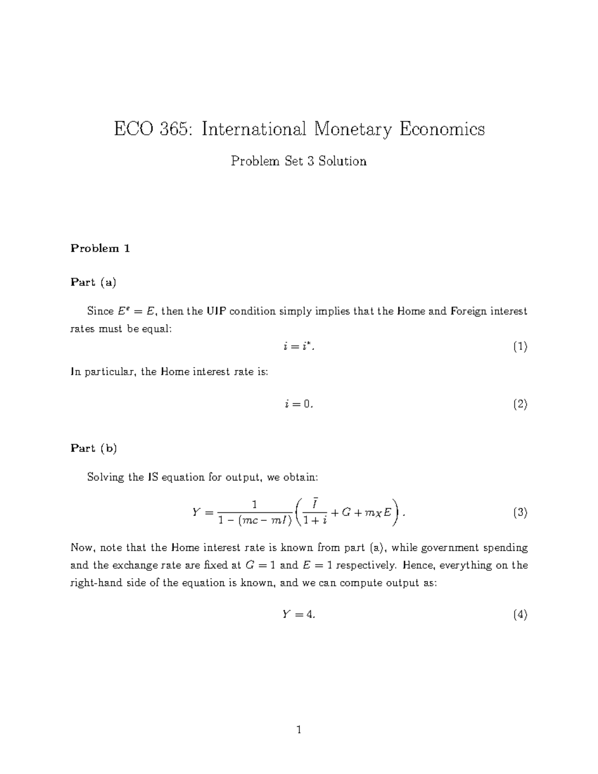 ECO 365: International Monetary Economics Problem Set 3 Solutions - Studocu