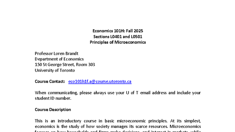 Economics 101H: Fall 2025 Syllabus - Principles of Microeconomics - Studocu