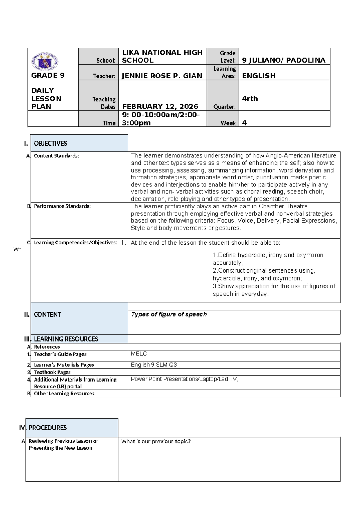 Grade 9 English Daily Lesson Plan: Figures of Speech (Feb 12, 2026 ...