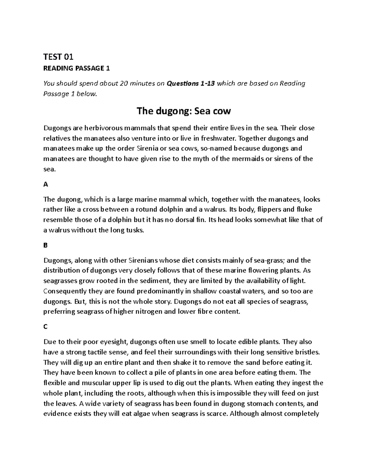 Reading Practice Test 1: Understanding Marine Mammals and Pearls - Studocu