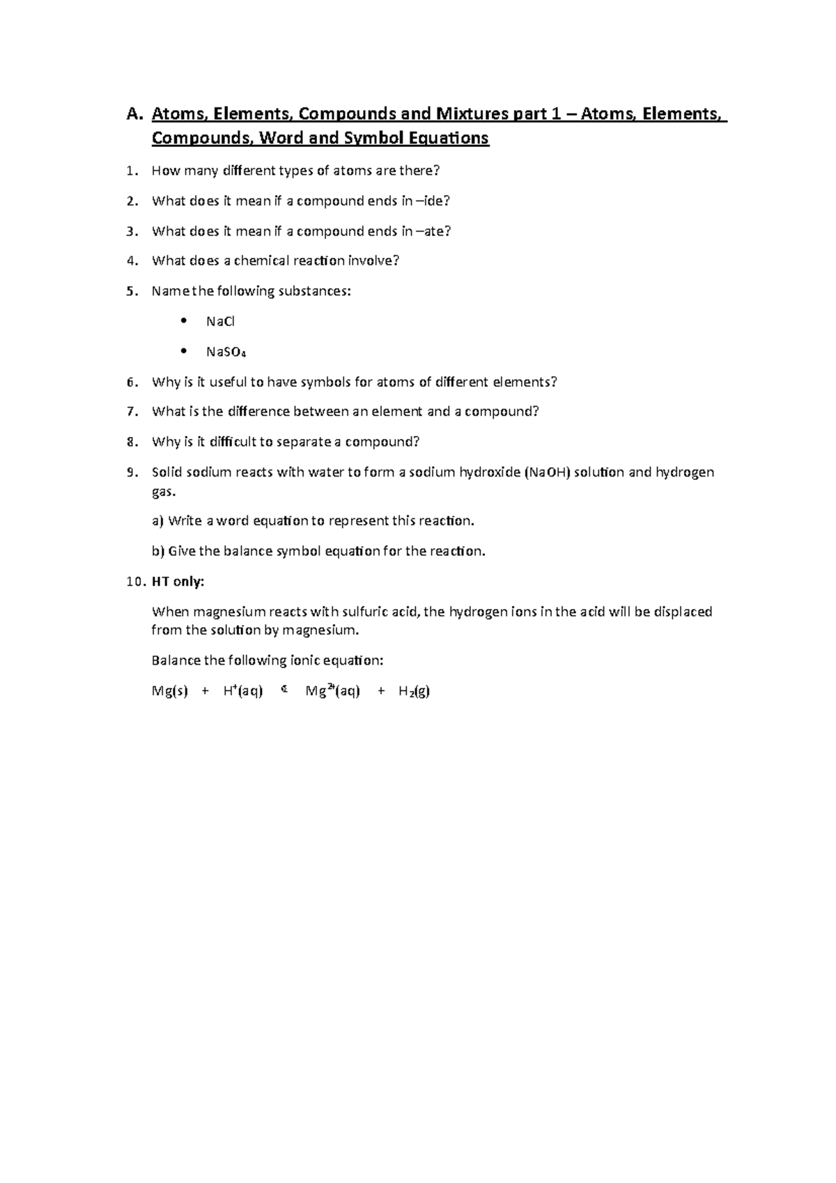 Atoms, Elements, & Compounds Quiz Questions for Science 101 - Studocu