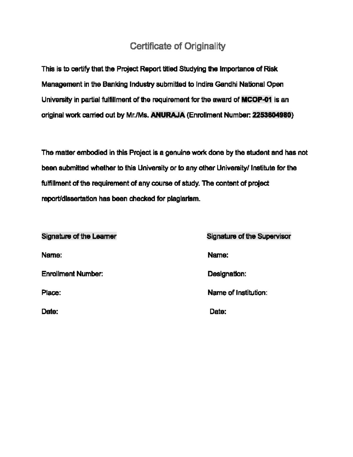 Certificate of Originality for Project Report on Risk Management - Studocu