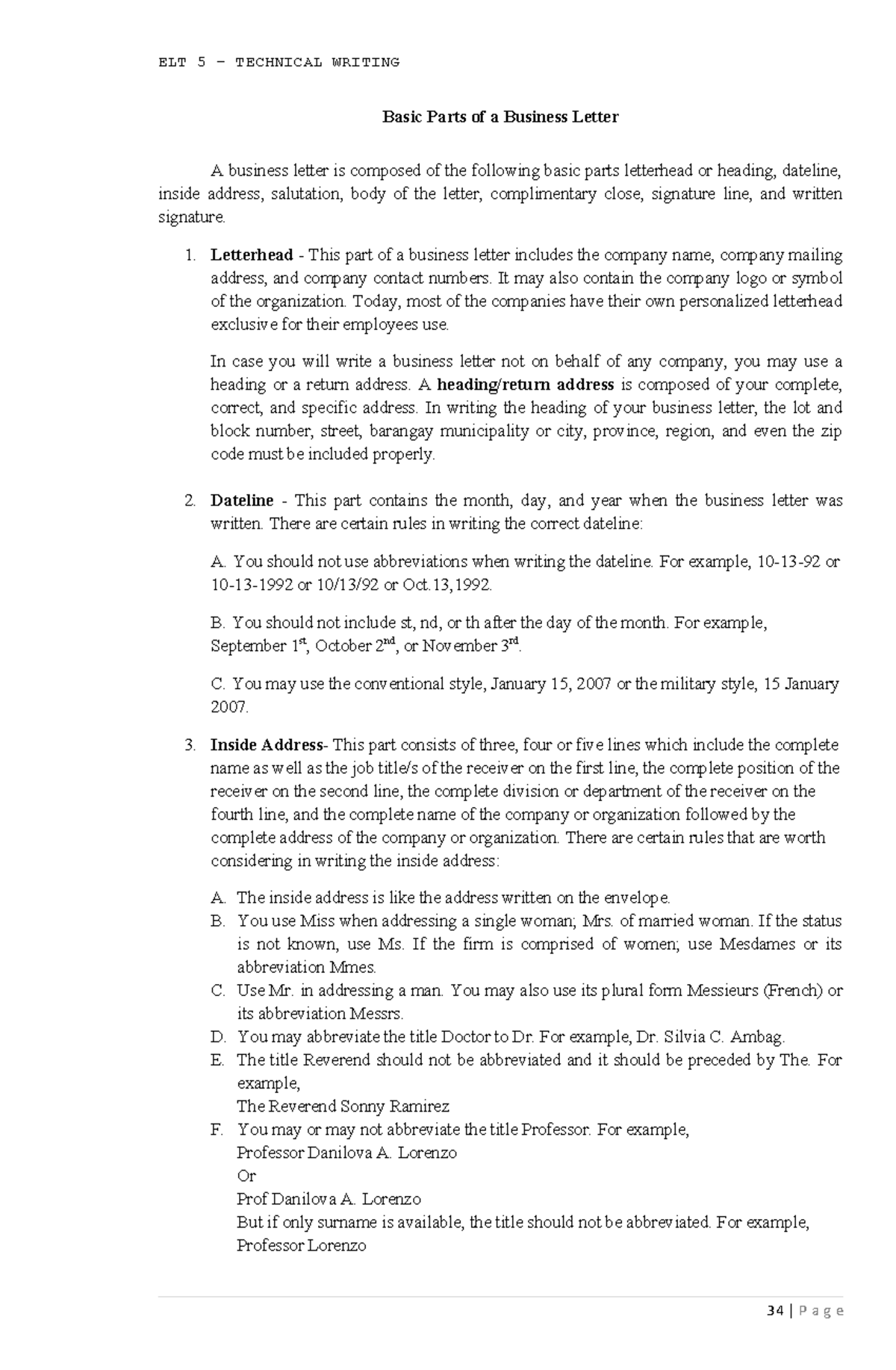 ELT 5 – Technical Writing: Key Components of a Business Letter - Studocu