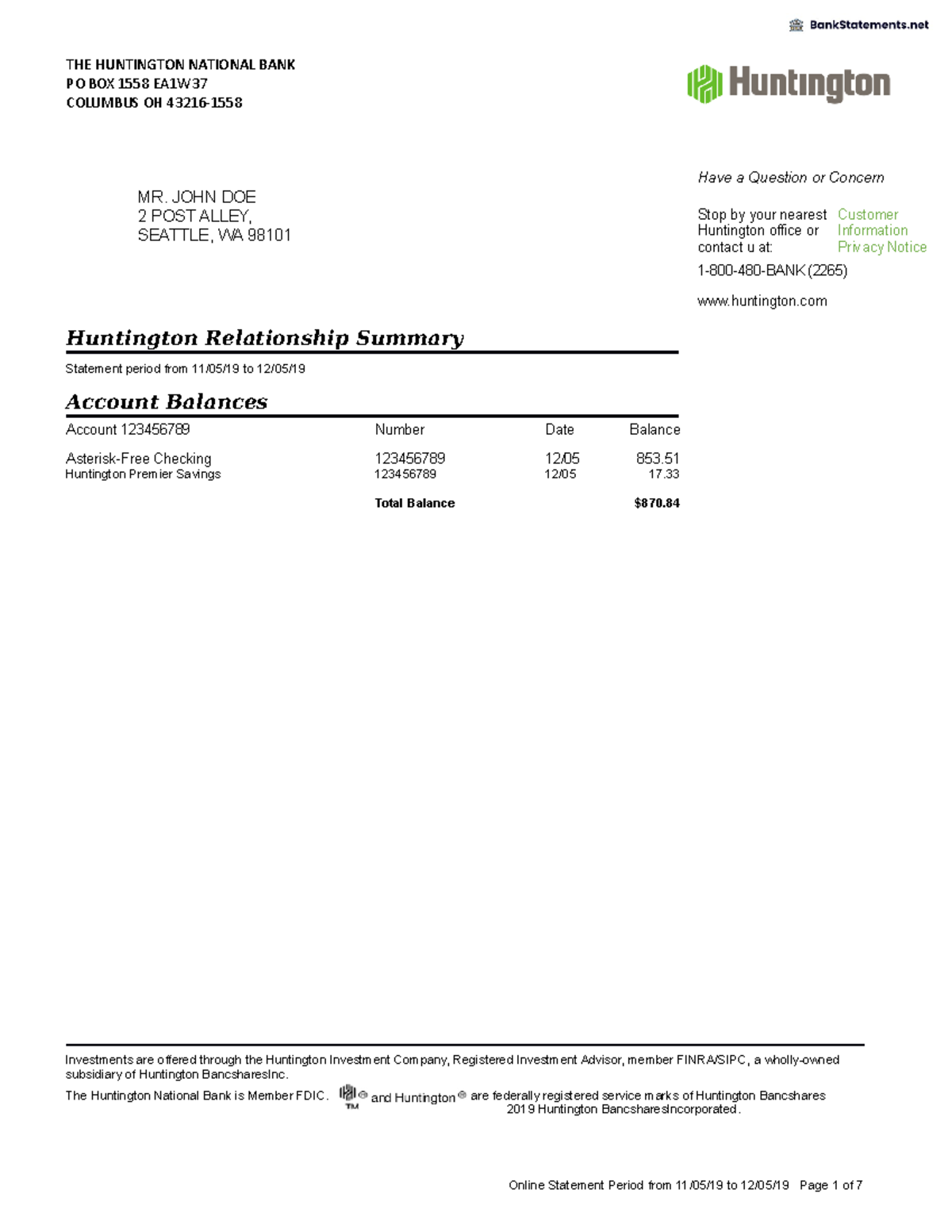 Huntington Bank Statement Summary (11/05/19 - 12/05/19)