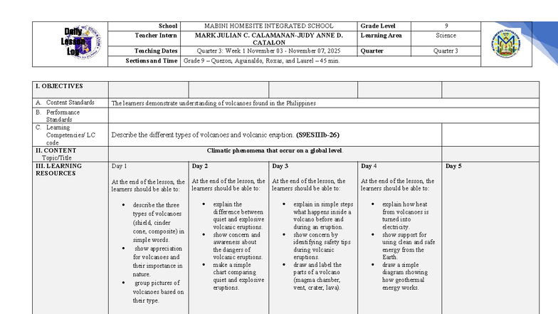 DLL Week 1 Q3: Grade 9 Science Lesson on Volcanoes - Studocu