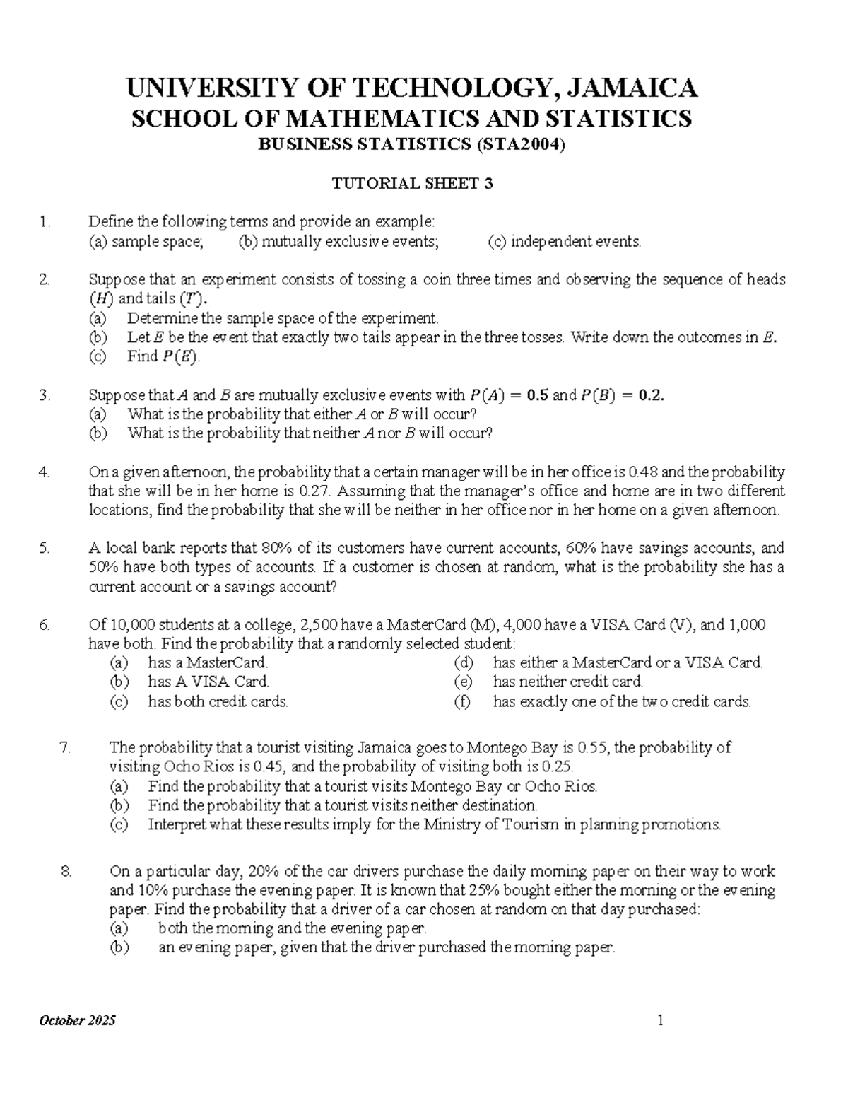 STA2004 Business Statistics Tutorial Sheet 3: Probability Concepts and ...