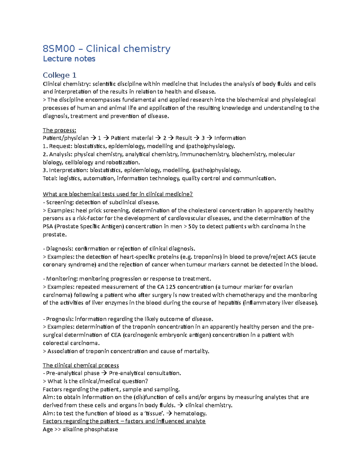 8SM00 Clinical Chemistry Lecture Notes: An Overview of Key Concepts ...