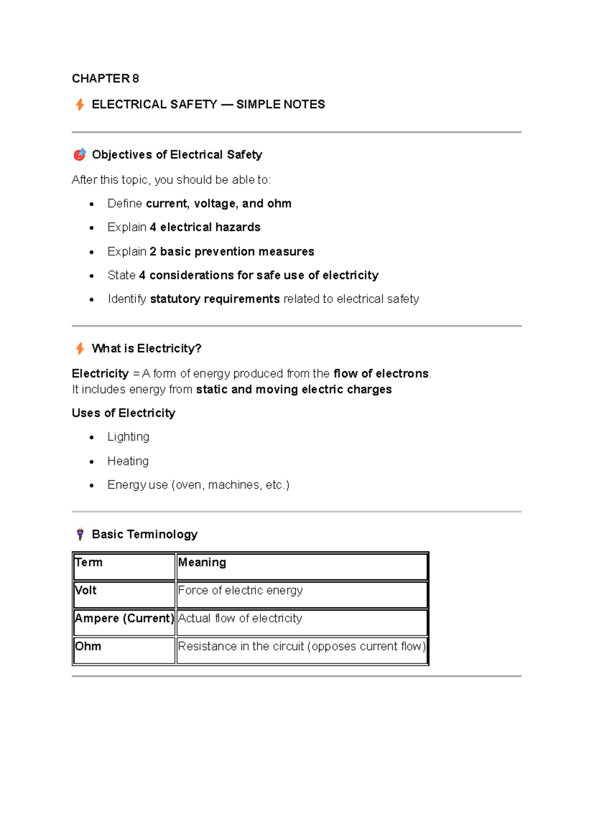 IHS422 Chapter 8-10 Safety Notes: Electrical, Fire & Construction - Studocu