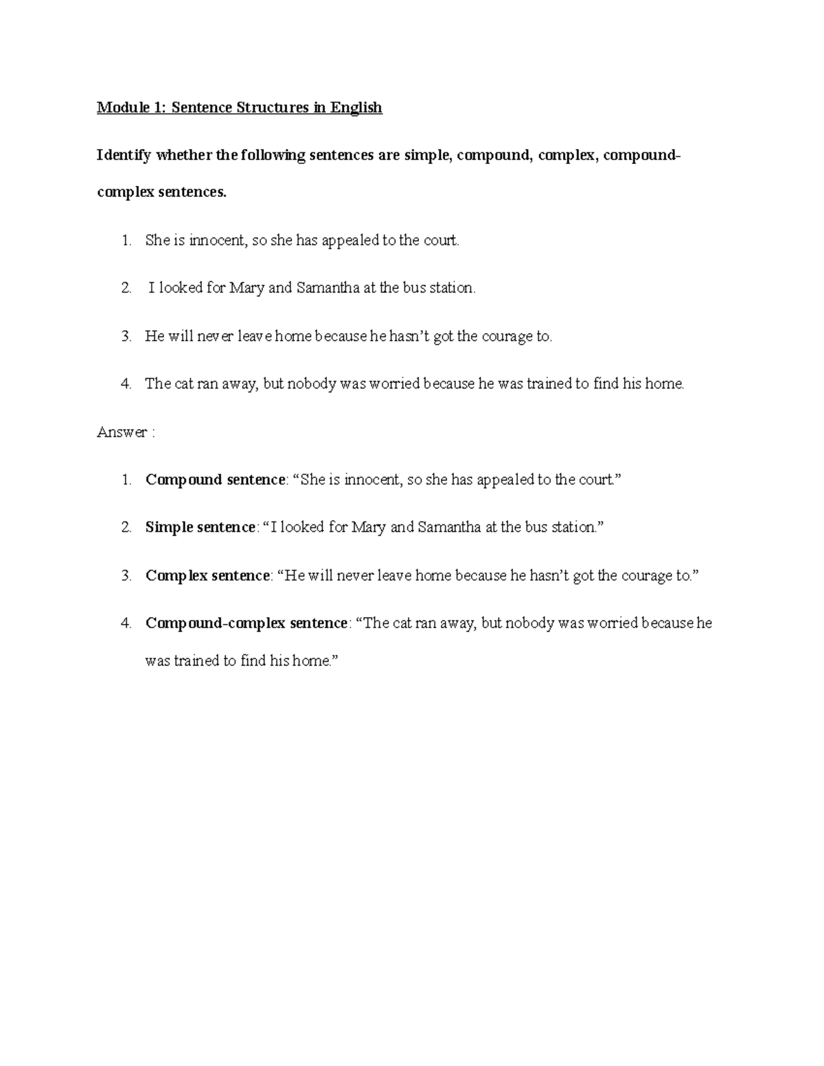 Module 1 Sentence Structures in English-answer - Module 1: Sentence ...