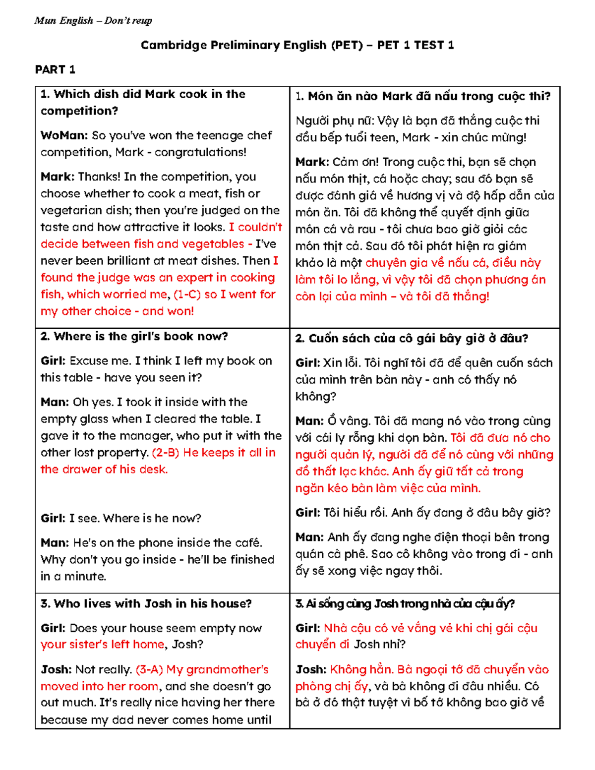 PET 1 TEST 1: Listening Comprehension Script & Translation - Studocu
