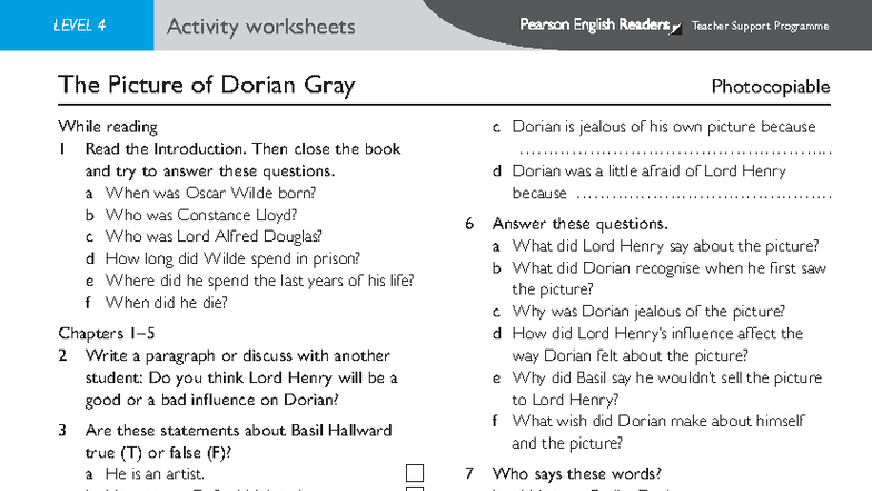 The Picture of Dorian Gray (Level 4) - Activity Worksheets Answer Key ...